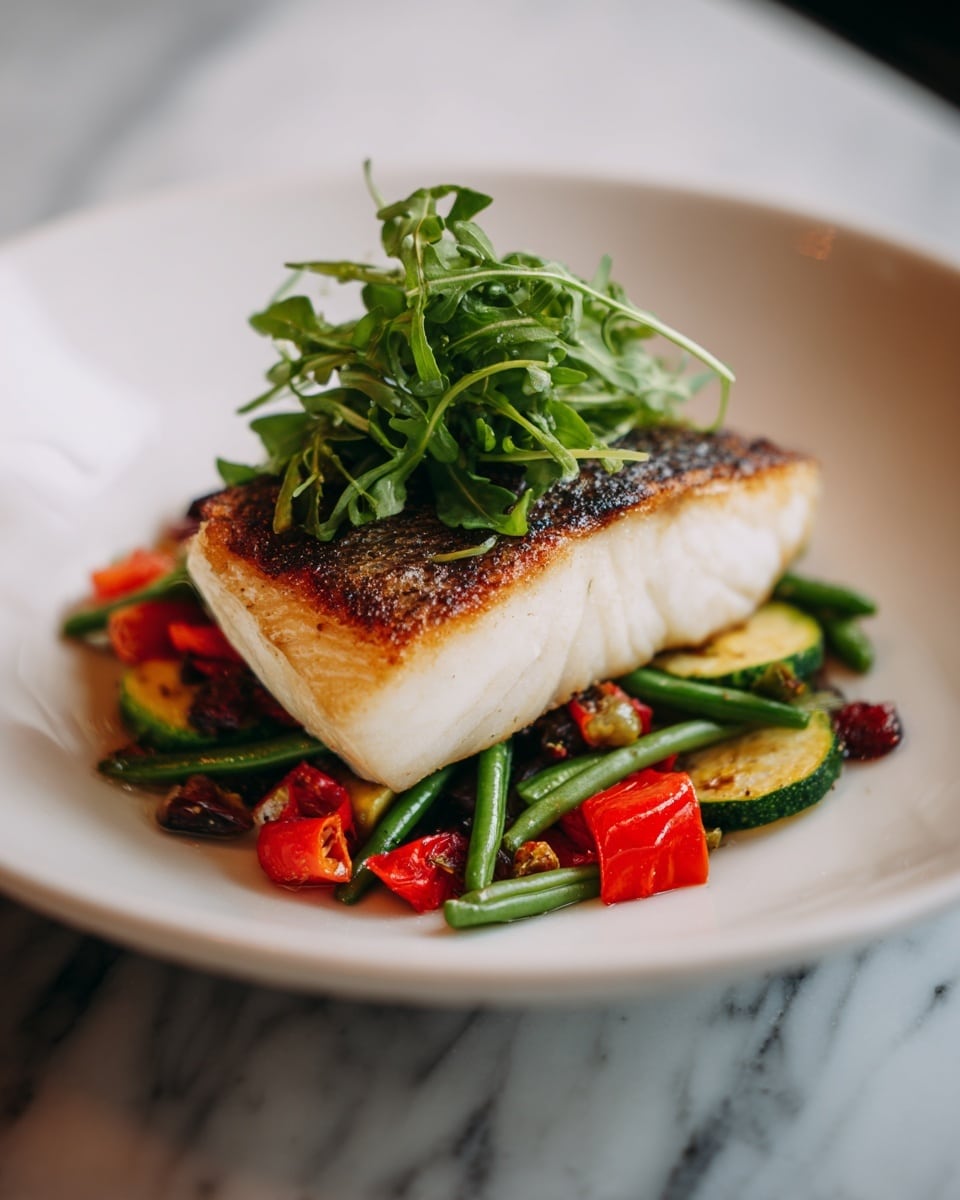The dish shows a thick, golden-brown piece of cooked fish with a slightly crispy texture on top as the first layer. Underneath, there is a colorful mix of sautéed vegetables including green zucchini slices, red cherry tomatoes, green beans, and small pieces of red and yellow bell peppers, all lightly cooked. The fish is topped with fresh green arugula leaves, adding a bright, leafy contrast. Everything is placed neatly in the center of a white plate, sitting on a white marbled surface in soft natural light. Photo taken with an iphone --ar 4:5 --v 7