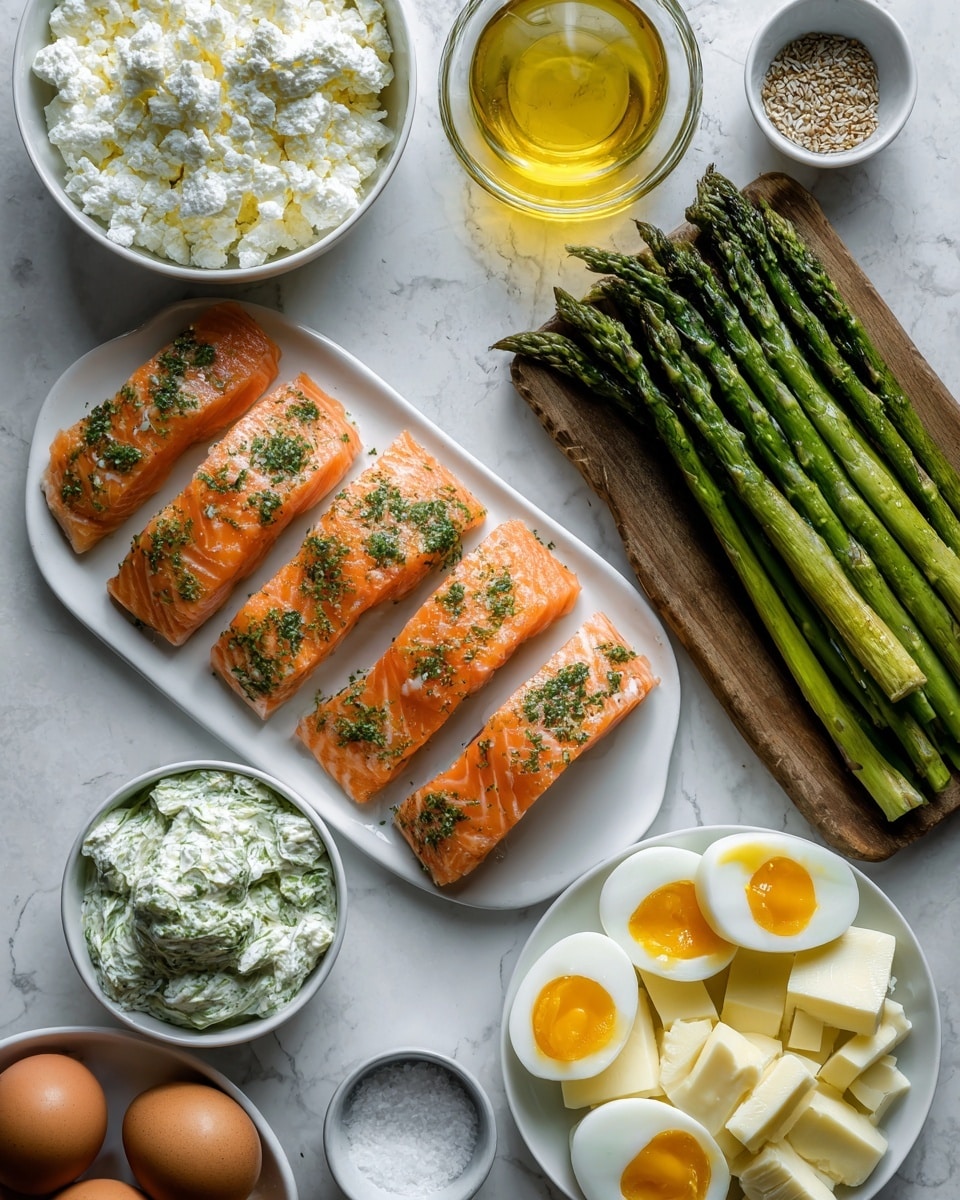 The image shows a food arrangement on a white marbled surface featuring six pieces of raw salmon with green herbs sprinkled on top, placed on a small wooden tray on the right side. Below that is a bunch of fresh green asparagus aligned neatly. To the left, there is a white bowl filled with cottage cheese, above it a bowl with green herb cream cheese, and to the right, a white bowl containing cubed white and yellow cheese. There are two soft-boiled egg halves with bright yellow yolks positioned next to the cheese bowl. Additionally, a clear glass filled with golden olive oil sits in the top center, flanked by small white bowls containing salt and some seeds. There is also a white bowl with three brown eggs arranged on the left side. The lighting is natural and soft, giving a fresh and clean presentation. Photo taken with an iphone --ar 4:5 --v 7