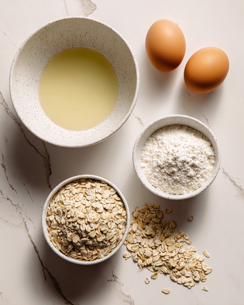 The image shows a top-down view of cooking ingredients arranged neatly on a white marbled surface. There is one large white speckled bowl filled with pale yellow liquid positioned at the top left, two brown eggs placed side by side at the top right, and two small white bowls at the bottom containing dry ingredients—the left bowl is filled with light beige rolled oats, while the right bowl contains white flour. A small pile of oats is scattered between the eggs and the bowls, adding texture to the clean layout. photo taken with an iphone --ar 4:5 --v 7