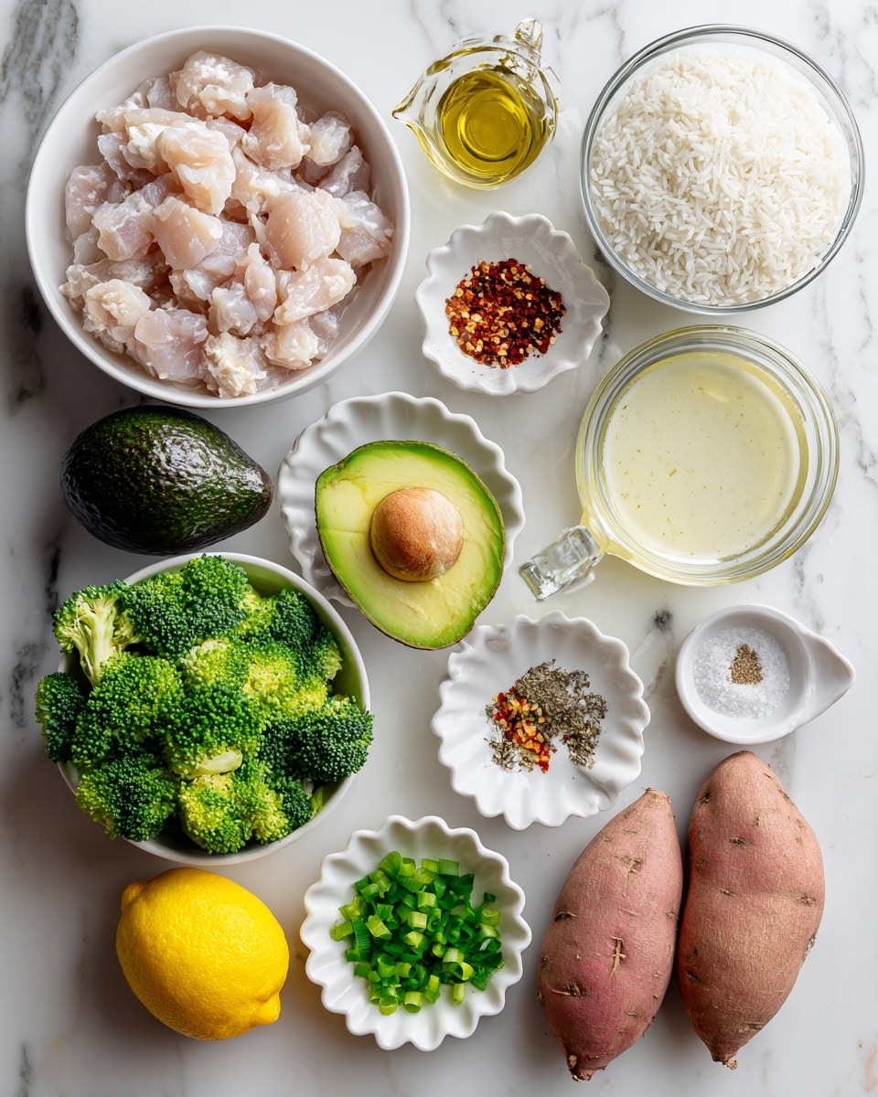 The image shows an overhead view of ingredients laid out on a white marbled surface. There is a white bowl at the top center filled with small, light pink chicken pieces. To the right of it is a small clear bowl with a creamy pale sauce and next to it is a clear measuring cup filled with white rice. Below these is a dark green, whole avocado and to its right is a honey bear bottle with a yellow cap. On the bottom right, three whole sweet potatoes with light brown skin are arranged in a triangle. A half lemon is placed near the bottom center. On the bottom left is a white bowl full of bright green broccoli florets. Above the broccoli are two small scalloped-edge dishes with spices—one containing red and yellow spices, the other with chopped green onions. In the middle, there are three small white dishes with seasonings: one with salt and a small golden spoon, one with black pepper, and one with a brown spice mix. A small clear container of golden oil is also present near the center. The photo taken with an iphone --ar 4:5 --v 7