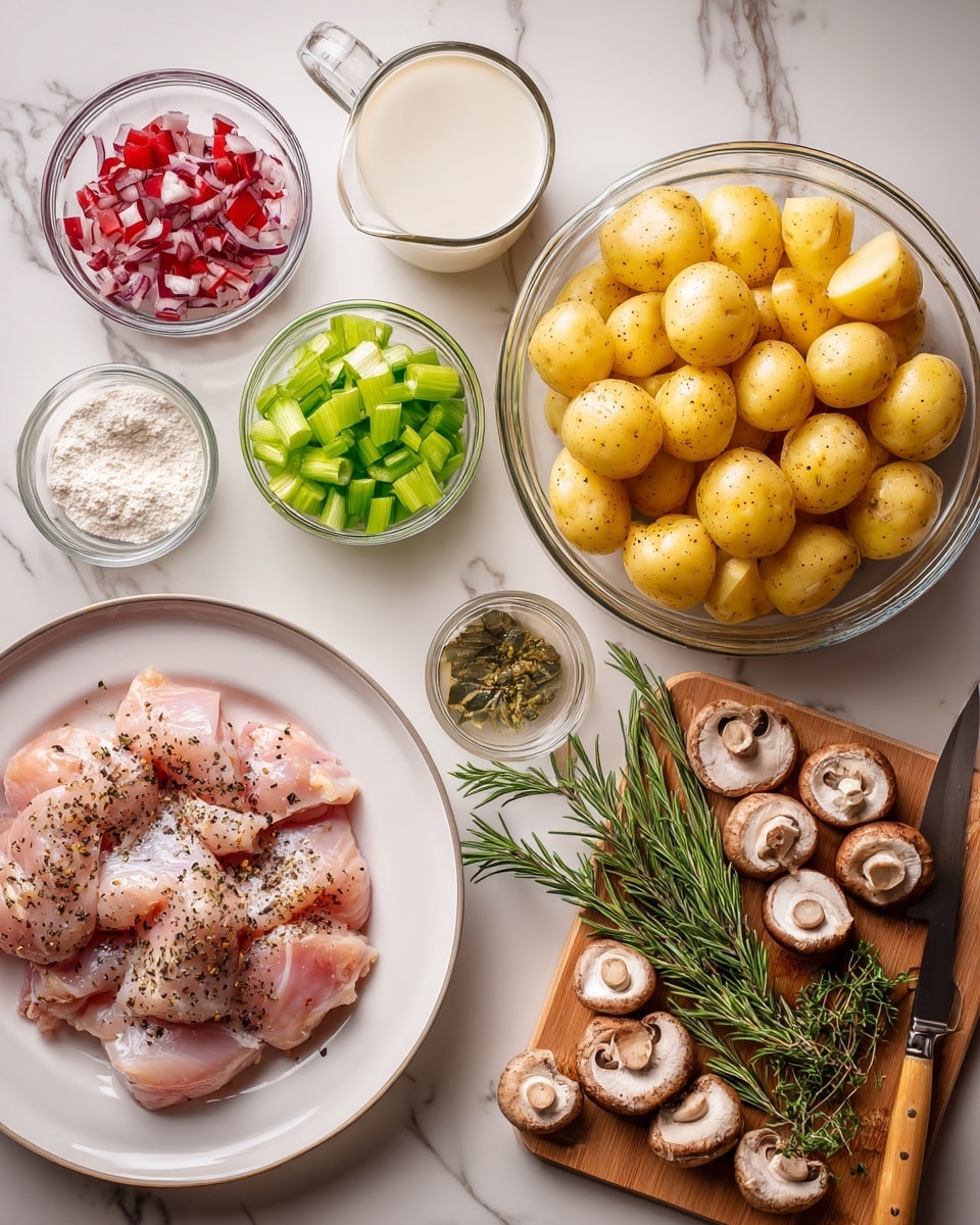 The image shows raw chicken pieces seasoned with black pepper on a white plate placed on a white marbled surface. To the right, there is a clear glass bowl filled with yellow baby potatoes cut in half. Below the potatoes, fresh green rosemary and thyme sprigs rest on the white marbled surface. Near the bottom right, a wooden cutting board holds whole and sliced brown mushrooms along with a small knife. In the center, a clear bowl contains chopped green celery pieces, and next to it is a glass jar with white liquid, likely cream. On the left side, a small bowl holds finely chopped red onion with two bay leaves on top. A small glass bowl with white flour and a tube of tomato paste with red and green labeling are also visible near the bottom left corner, next to a glass measuring cup filled with light brown broth. Photo taken with an iphone --ar 4:5 --v 7