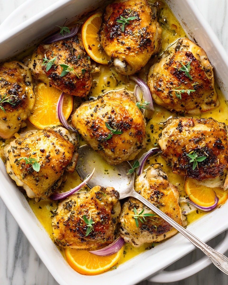 A white rectangular baking dish filled with six golden-brown roasted chicken pieces, each topped with small green herb sprigs. The chicken pieces have a slightly charred, crispy texture with specks of black pepper and seasoning. Scattered around the chicken are thin, bright orange slices and scattered curved purple onion slices. Some chicken pieces rest partially in a light golden sauce pooling at the bottom of the dish. A silver spoon is inserted into one corner of the dish, which sits on a white marbled surface. photo taken with an iphone --ar 4:5 --v 7