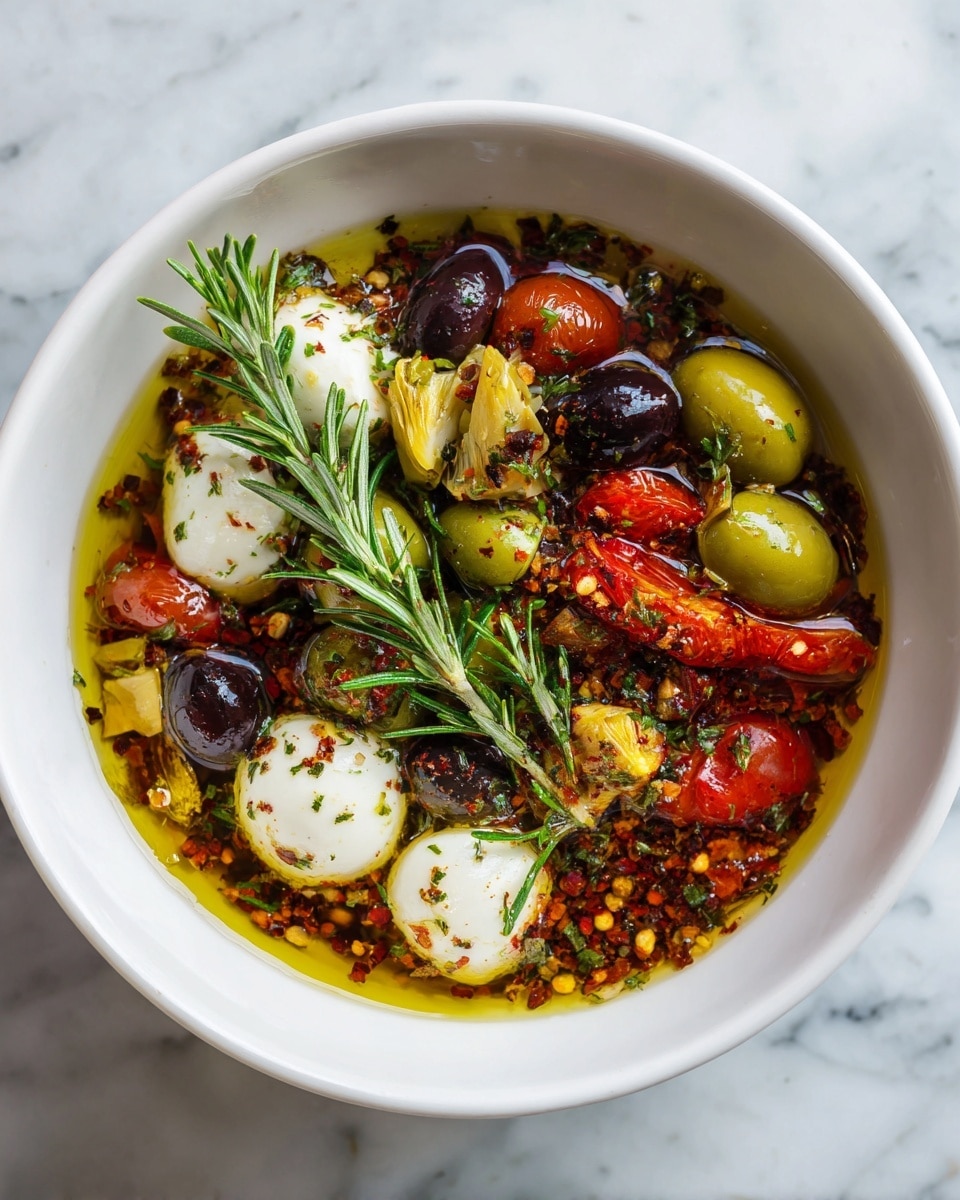 The image shows a white bowl filled with a colorful mix of marinated ingredients. The bottom layer is a shiny oil-based dressing with herbs and spices floating in it. On top, there are whole white mozzarella balls, green and black olives, and pieces of light yellow artichoke hearts. Bright red roasted cherry tomatoes and small bits of herbs and chili flakes are scattered throughout. A fresh sprig of green rosemary rests on top, adding a touch of natural texture. The bowl sits on a white marbled surface. photo taken with an iphone --ar 4:5 --v 7