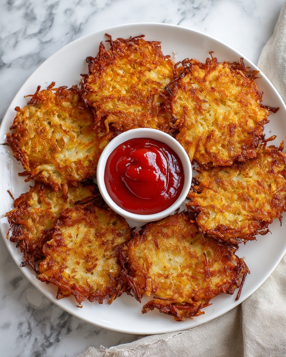 A white round plate on a white marbled surface holds six golden brown potato pancakes arranged in a loose circle. The pancakes have a crispy, textured surface with visible shreds of fried potatoes. In the center of the plate is a small white bowl filled with bright red sauce. Part of a light-colored fabric napkin is visible on the right side of the image. The photo taken with an iphone --ar 4:5 --v 7