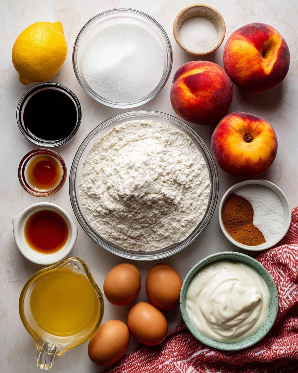 A top view of baking ingredients placed on a white marbled surface, with a large clear glass bowl filled with white flour in the center. Around it, three whole peaches with orange and red skin are on the top right, a glass bowl of white sugar is at the top left, and a halved lemon with bright yellow flesh sits to the left of the sugar. Below the lemon, a small clear bowl with light almond extract, and next to it, a small bowl of dark vanilla extract. To the right of the flour bowl are small bowls with white baking powder and salt, and a speckled bowl containing brown cinnamon. Below these are two brown eggs lying side by side. At the bottom left, a clear measuring cup filled with light yellow oil, and next to it, a clear bowl of thick white Greek yogurt. A red and white cloth napkin is partially visible at the bottom right corner. photo taken with an iphone --ar 4:5 --v 7