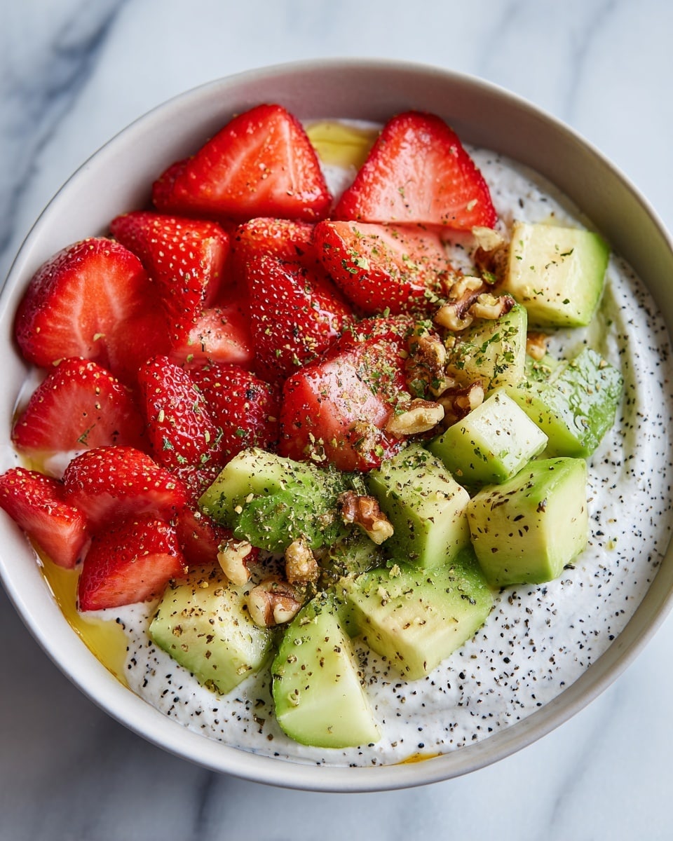This dish is served in a shallow white bowl and has three main layers. The bottom layer is creamy and smooth, white in color with a light sheen. The middle layer consists of fresh, bright red strawberry halves, light green avocado chunks, and slices of cucumber with dark green skin and pale inside, scattered evenly. The top layer is sprinkled with small pieces of brown walnuts, tiny green herb bits, and black poppy seeds, all lightly drizzled with golden olive oil. The overall texture looks fresh and colorful on a white marbled surface. Photo taken with an iphone --ar 4:5 --v 7