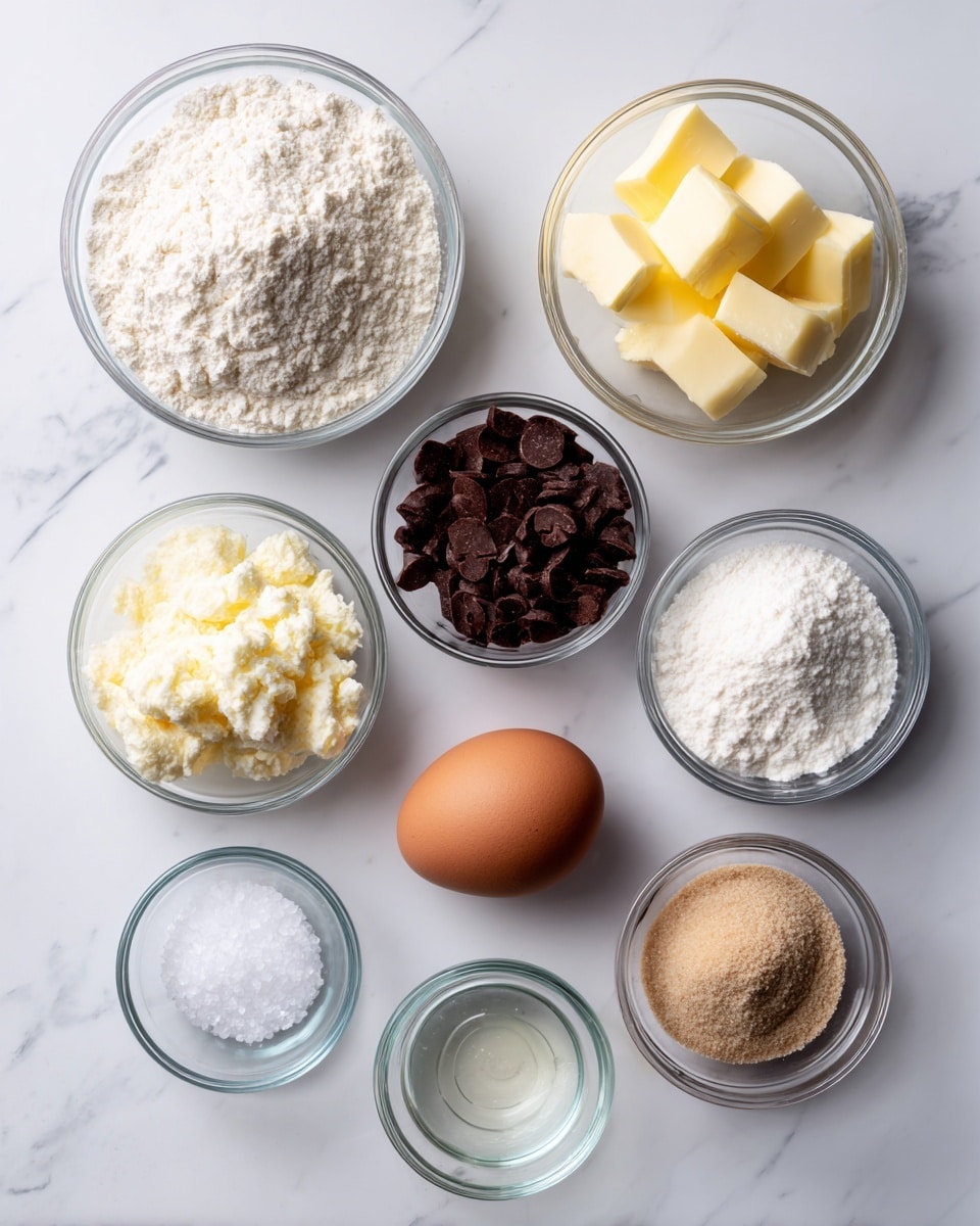 The image shows a white marbled surface with nine small clear glass bowls and one brown egg, each bowl holding different baking ingredients. There is a bowl of white flour at the top left, a bowl with a few yellow butter pieces next to it, and a small bowl filled with dark chocolate chips below the butter. On the right side, there is a brown egg resting directly on the surface, a bowl of white sugar next to the egg, and a bowl of light brown sugar beneath the sugar bowl. At the bottom left are three small bowls holding coarse salt, baking soda, and a small amount of clear vanilla extract. Each bowl is evenly spaced on the white marbled background. Photo taken with an iphone --ar 4:5 --v 7