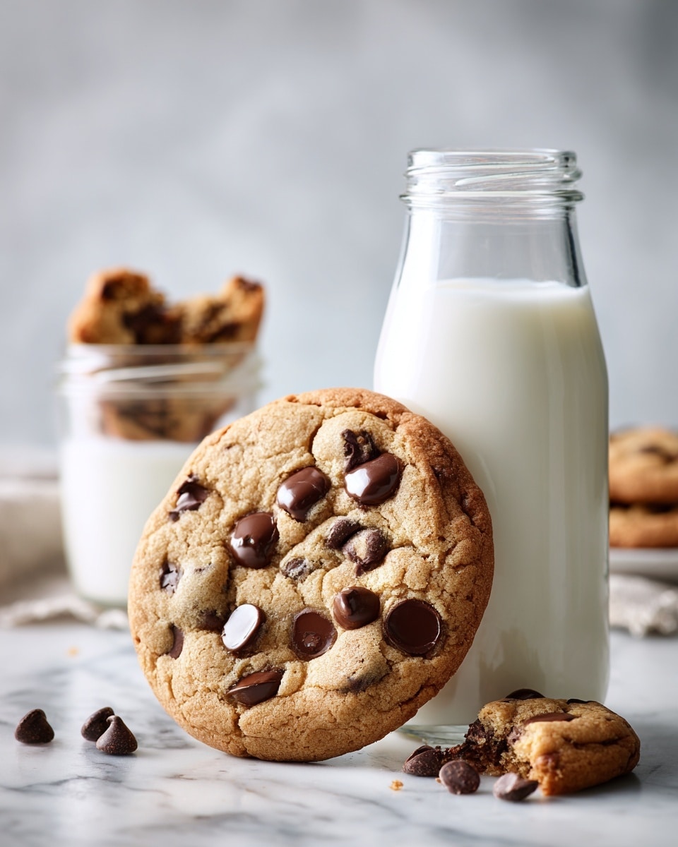 A large, round chocolate chip cookie with a golden-brown, slightly cracked surface is placed leaning against a clear glass bottle filled with white milk. The cookie is dotted with dark brown chocolate chips, some slightly melted. In the background, a white cup filled halfway with milk is topped with a smaller cookie, and pieces of broken cookies with scattered chocolate chips lie on a white marbled surface. The lighting highlights the cookie's texture and the milk's softness. Photo taken with an iphone --ar 4:5 --v 7