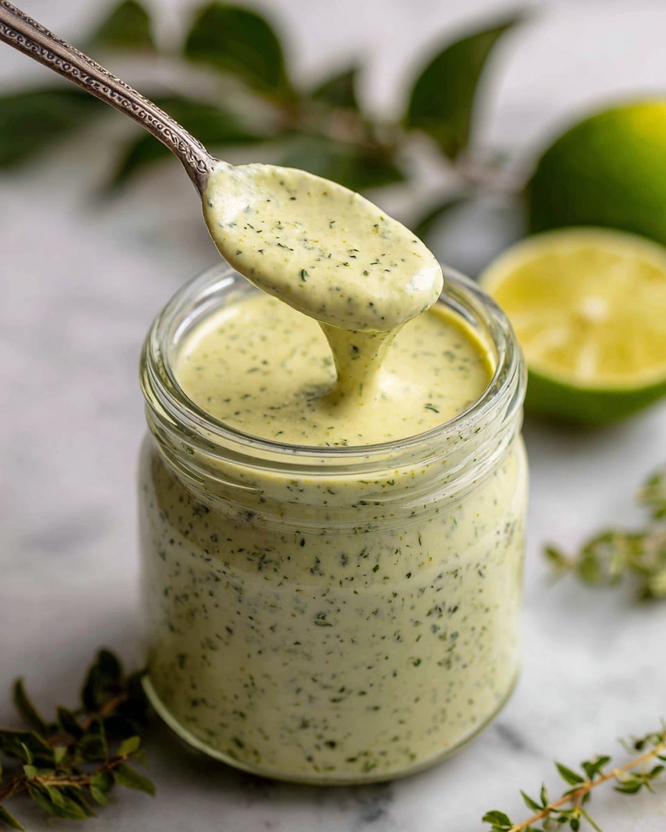 The image shows a glass jar filled with a thick, creamy light green sauce mixed with small dark green specks. A spoon holding some sauce is lifted above the jar, showing the smooth, slightly textured surface of the sauce. The jar is placed on a white marbled surface with a blurred lime wedge and some green leaves in the background. The overall look is fresh and natural. photo taken with an iphone --ar 4:5 --v 7