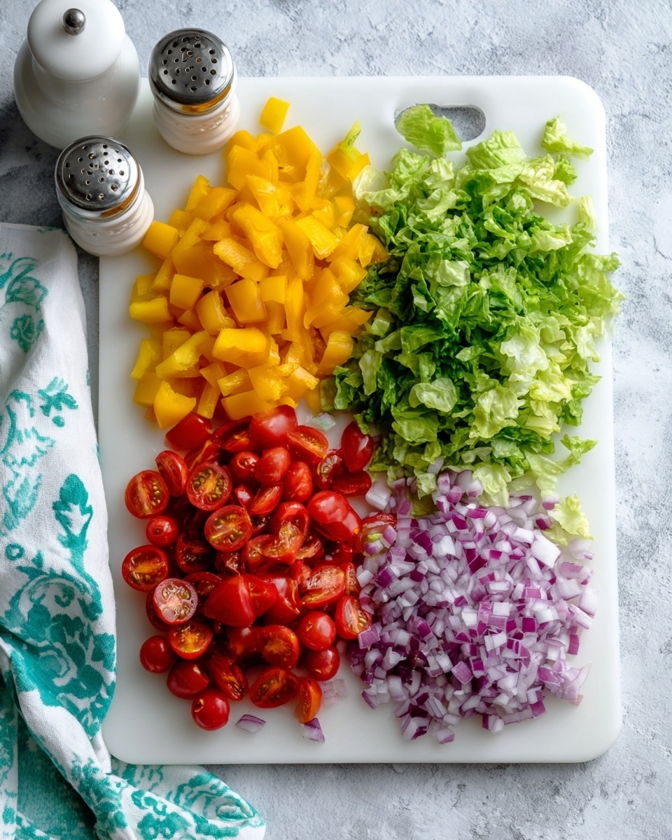 The image shows a white cutting board on a white marbled textured surface with five chopped ingredients arranged in separate sections. On the top left there are small diced yellow bell peppers with a smooth, shiny texture. To the right of the peppers is a layer of chopped green lettuce leaves, bright and fresh. Further right, there are quartered red cherry tomatoes with a juicy, glossy look. Below the tomatoes is a small pile of finely chopped red onion pieces, showing their purple and white layers. The white cutting board also has salt and pepper shakers placed on the top left corner, with a white and teal patterned cloth napkin on the lower left corner. Photo taken with an iphone --ar 4:5 --v 7