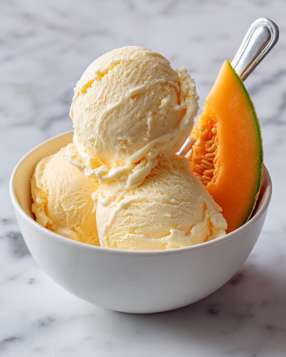 A close-up view of a metal ice cream scoop lifting a smooth round scoop of pale yellow ice cream from a rectangular white pan filled with the same ice cream. The ice cream has a creamy texture with gentle swirls and light ridges. The pan rests on a white marbled surface, with part of a yellow lemon visible blurred in the background. photo taken with an iphone --ar 4:5 --v 7