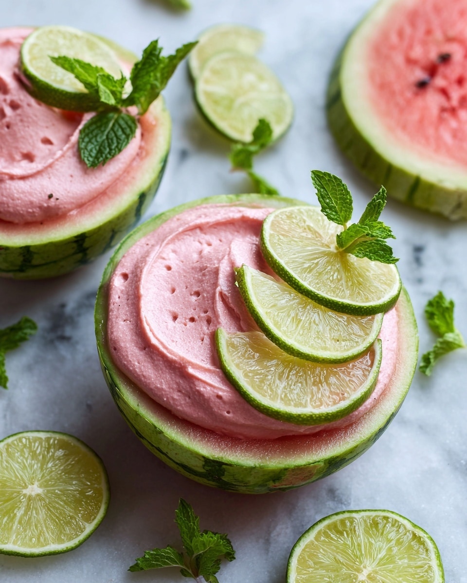 A hollowed watermelon half acts as a bowl filled with a smooth, shiny, pink watermelon mousse that overflows just a bit at the edges. Three thin lime slices are neatly placed on top in a fanned-out manner, and a small sprig of fresh green mint leaves is added beside the lime for decoration. The scene includes another watermelon half showing the bright pink inside and some lime wedges scattered on a white marbled surface. The overall presentation is bright, fresh, and colorful, with contrasts of pink, green, and white. photo taken with an iphone --ar 4:5 --v 7