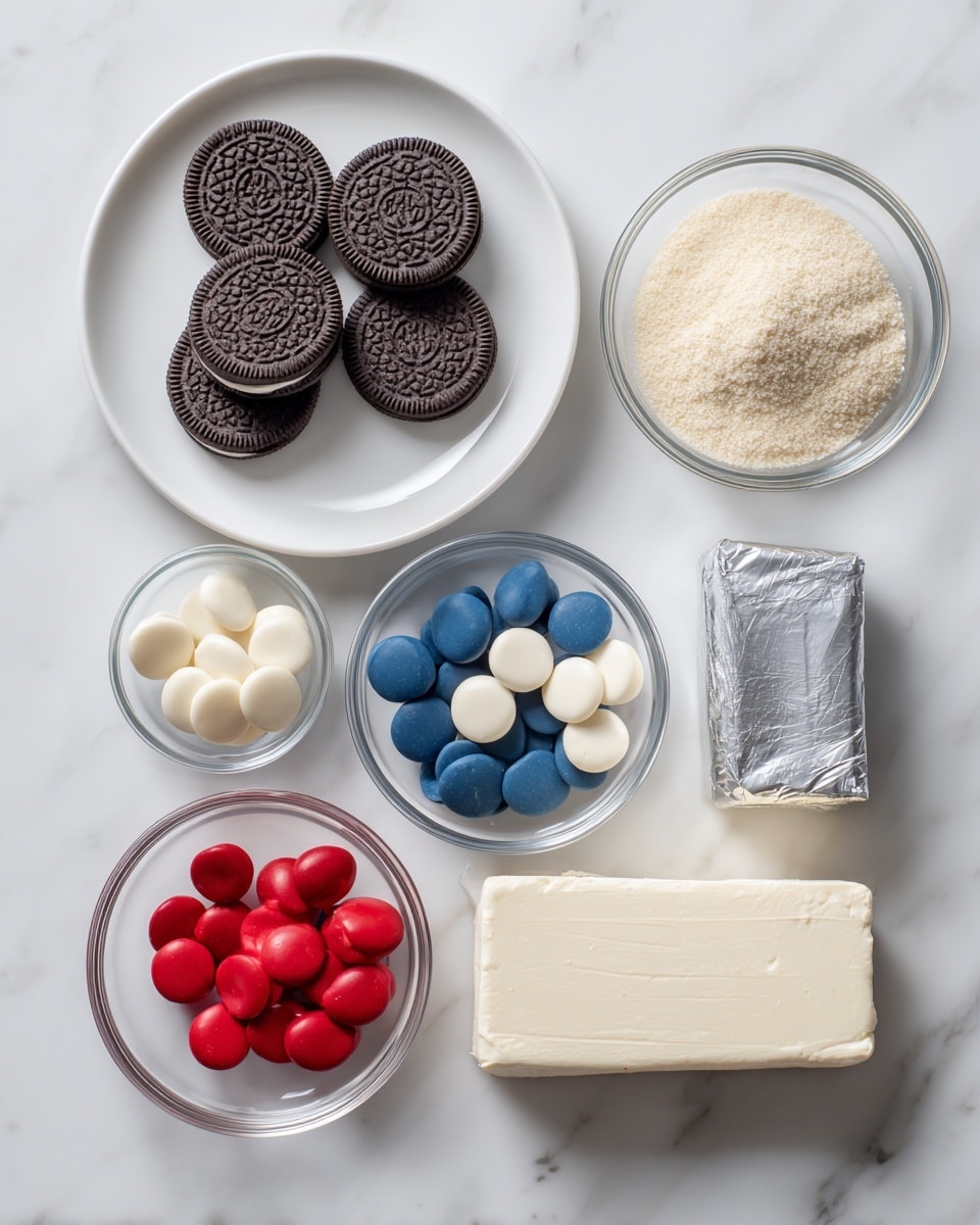 The image shows several ingredients neatly arranged on a white marbled surface. At the top left, there is a white plate filled with a single layer of round chocolate sandwich cookies with cream filling. To the right, a small clear glass bowl holds fine, light beige crumbs. Below, there are three clear bowls with colorful chocolate discs: the one on the left contains white discs, the one in the middle has blue discs, and the one on the bottom left is filled with red discs. To the right of these bowls, there is a rectangular block of silver-wrapped cream cheese. Photo taken with an iphone --ar 4:5 --v 7