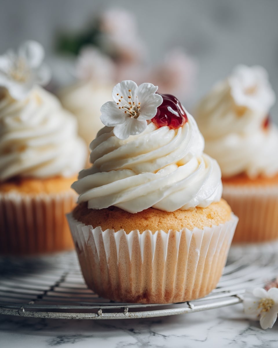 The image shows several cupcakes on a round wire cooling rack placed on a white marbled surface. Each cupcake has a light yellow base with a swirl of creamy white frosting on top. On one side of the frosting is a small dollop of dark red cream, and on the other side, there are tiny white sugar pearls as decoration. The cupcakes appear soft and moist with smooth, fluffy frosting, and the scene looks bright and clean. Photo taken with an iphone --ar 4:5 --v 7