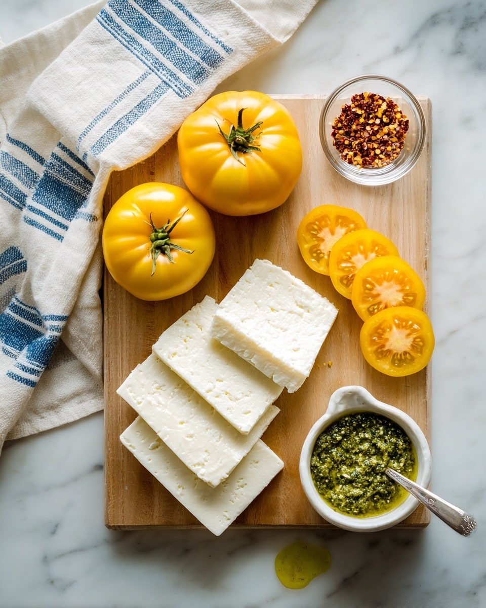 The image shows a light wood cutting board on a white marbled surface. There are two whole large yellow tomatoes, sitting on a white cloth with blue stripes at the top left. Below the whole tomatoes, there are five thin slices of yellow tomato, arranged in a small line. To the right of the tomato slices, there are several thick slices of white cheese stacked together. Above the cheese, there is a small clear glass bowl with red pepper flakes. Near the bottom, there is a small white sauce dish filled with green pesto sauce, with a small drip of sauce on the edge. Photo taken with an iphone --ar 4:5 --v 7