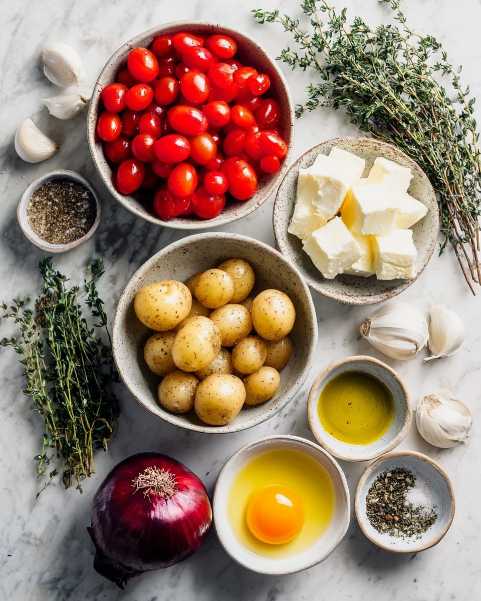 A white marbled surface holds several bowls and ingredients arranged neatly: at the top left is a bowl filled with red cherry tomatoes, below it is a bowl with light brown small potatoes, and to the right a bowl contains white block pieces of cheese. There are three small bowls at the top right, with golden olive oil and black pepper, a mix of salt and pepper, and dried herbs respectively. On the bottom right, a small bowl contains a single raw egg yolk in clear white egg white. Around the bowls are three garlic cloves, three unpeeled small potatoes, and a dark red onion placed in the bottom center. On the left side are fresh green thyme sprigs. The image looks bright and clean, photo taken with an iphone --ar 4:5 --v 7