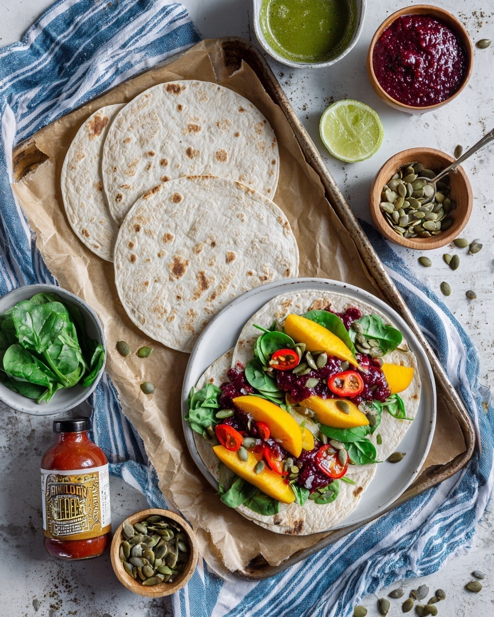 The image shows two white tortillas on a baking tray lined with brown parchment paper resting on a blue and white striped cloth on a white marbled surface. On a white plate, there are two tortillas layered with dark red bean spread, bright yellow and red peach slices, fresh green spinach leaves, small red cherry tomato halves, and sprinkled brown pumpkin seeds. Surrounding the plate are small bowls with green spinach leaves, lime wedges, cherry tomato halves, and a green sauce with a spoon. A small bottle of hot sauce and a wooden bowl of pumpkin seeds complete the scene. Photo taken with an iphone --ar 4:5 --v 7