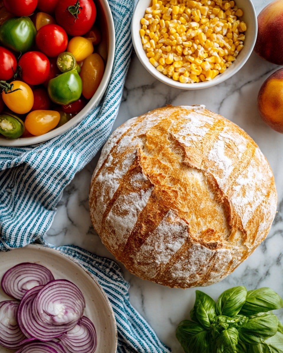 A round loaf of bread with a light brown crust and white flour patterns sits on a blue and white striped cloth in the upper left. Above the bread, a white bowl contains yellow corn kernels. Below to the right, a large white bowl holds a mix of colorful fruits and vegetables including red and green tomatoes and two fuzzy peaches. To the left of the bread, a white plate has thinly sliced red onions arranged in a circular pattern. A small bunch of fresh green basil leaves lies on the white marbled surface to the right of the bowls and bread. Photo taken with an iphone --ar 4:5 --v 7