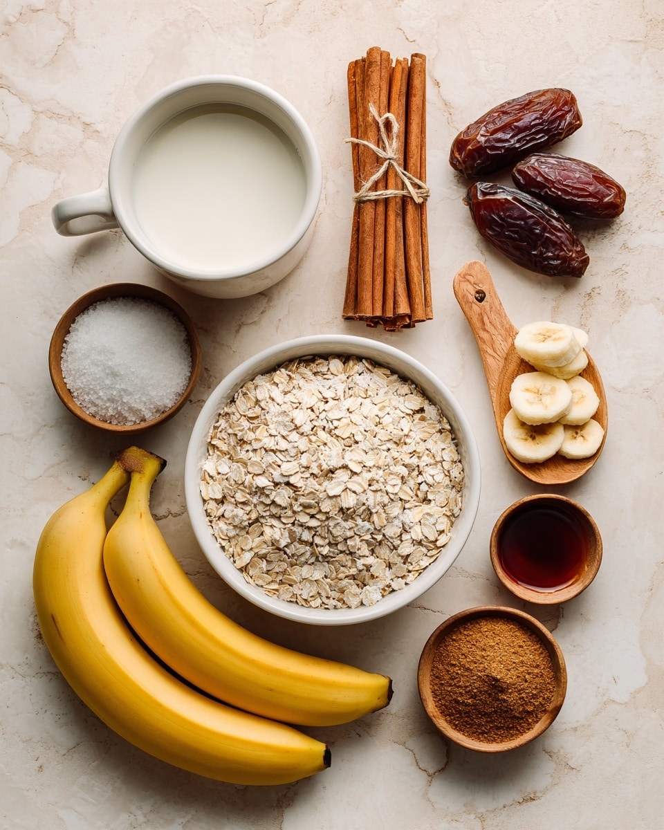 The image shows various ingredients on a white marbled surface, arranged neatly. There are two whole yellow bananas at the bottom left, with a small white bowl beside them filled with white salt. Above this is a round white bowl filled with rolled oats. To the right of the oats is a small bowl of sliced bananas, with a wooden spoon next to it. In the upper part of the image, there is a white mug filled with milk, placed next to a bundle of cinnamon sticks tied with string. There are three small wooden bowls containing white flour, two dates, and brown cinnamon powder, and another small bowl with dark amber syrup. The overall colors include creamy yellows, browns, and whites, all placed neatly in a soft, natural light. Photo taken with an iphone --ar 4:5 --v 7
