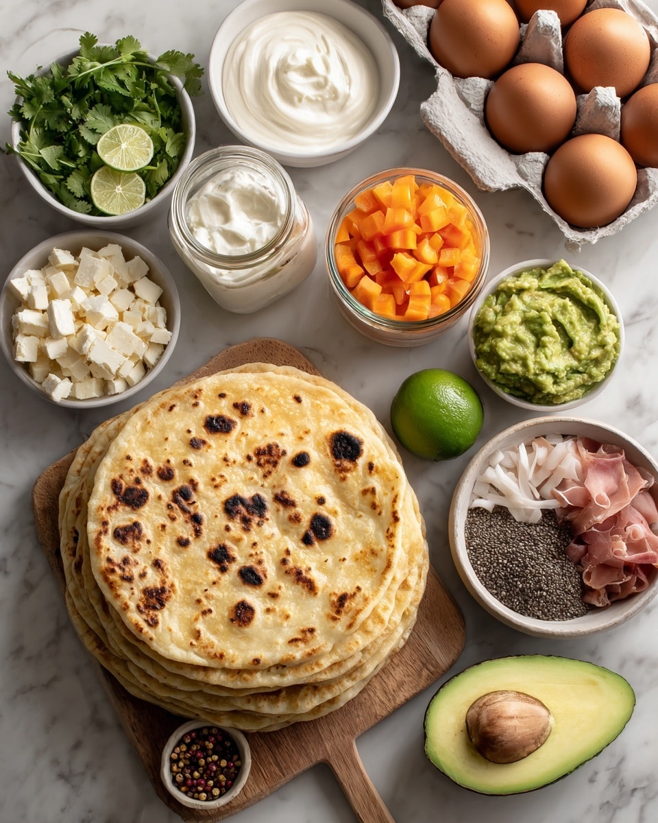 The image shows a top view of various fresh ingredients arranged neatly on a white marbled surface. In the center, there is a stack of golden brown flatbreads on a wooden board, each flatbread having a slightly crispy texture with some darker charred spots. Surrounding the flatbreads are small white bowls and a glass jar filled with different ingredients: one bowl has diced white cheese, another contains creamy white yogurt with smooth swirls, a bowl with chopped fresh herbs and half a lime, a bowl filled with orange chopped bell peppers in a glass jar, a bowl with green guacamole with a chunky texture, and a bowl with a mixed green salad that includes small pieces of tan and dark mushrooms. There is also a bowl with thin slices of mushrooms and delicate folded slices of pink cured meat. Two halves of an avocado with bright green flesh and a brown seed are placed next to a small bowl of dark chia seeds. A carton of brown eggs is located in the upper right corner of the image. Photo taken with an iphone --ar 4:5 --v 7