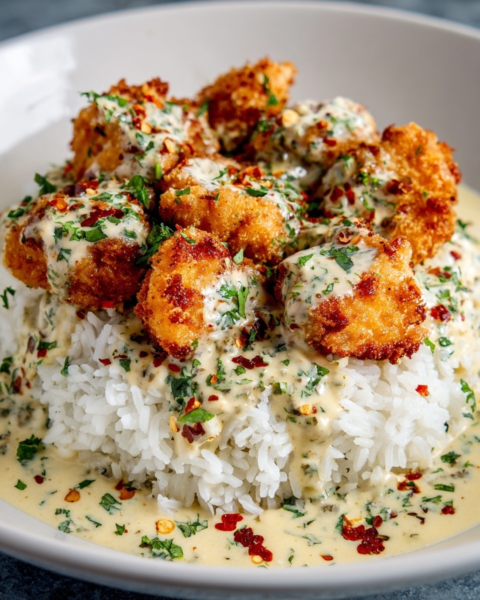 A white bowl filled with a bed of fluffy white rice topped with several large, round, golden-brown pieces of chicken, coated in a creamy sauce with visible specks of red and green herbs sprinkled on top, creating a textured and colorful pattern. The creamy sauce covers the base of the chicken and rice, with a smooth consistency, and the chicken pieces are arranged in a circular formation. The dish sits on a white marbled surface, photo taken with an iphone --ar 4:5 --v 7