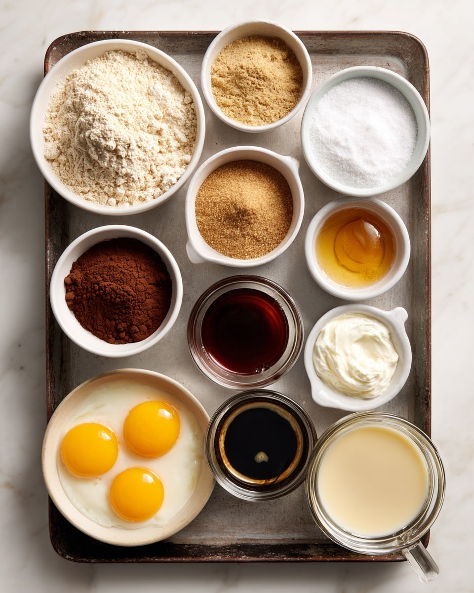 The image shows a dark metal tray placed on a white marbled surface, holding ten small white bowls and one clear glass, each filled with different ingredients. Starting from the top left and moving right, the first bowl contains light beige oat flour with a fine texture, next to it is a bowl with light tan protein powder that has a slightly crumbly texture, and then a smaller bowl filled with white baking powder, soda, and salt. Below, there is a bowl of rich brown cocoa powder with a velvety texture beside a bowl of golden brown sugar, and a bowl filled with amber maple syrup shining under the light. In the next row, there's a clear bowl of thick white Greek yogurt next to a white bowl with two raw eggs showing bright yellow yolks surrounded by clear whites. A very small white bowl holds dark brown vanilla extract, and next to it is a clear glass filled with dark black coffee topped with a thin layer of bubbles. On the bottom right, a clear bowl contains melted butter with a creamy, light yellow color. The arrangement is neat and the photo was taken with an iphone --ar 4:5 --v 7