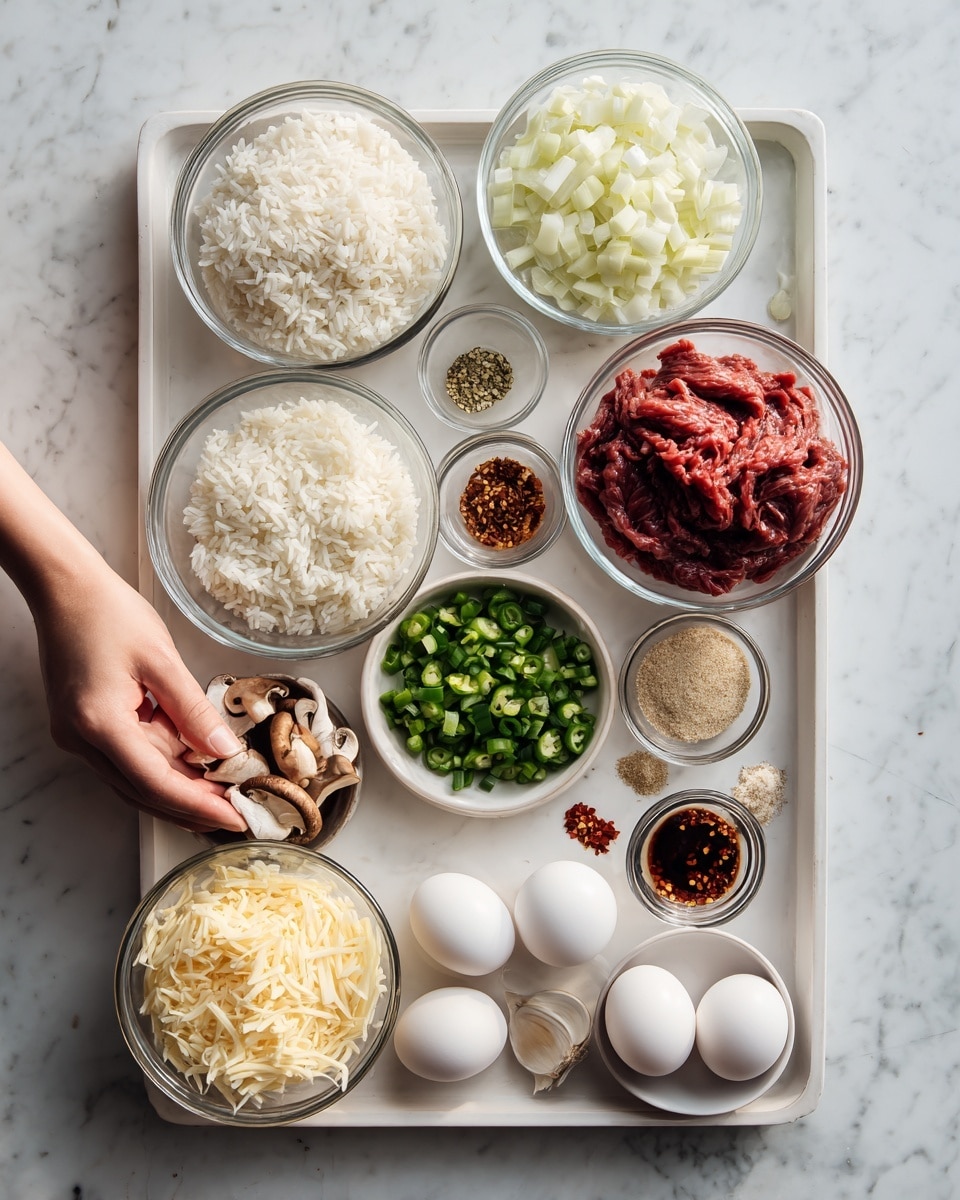 The image shows a white tray with multiple bowls and small glasses filled with cooking ingredients on a white marbled surface. There are three glass bowls containing cooked white rice, chopped white onions, and thinly sliced raw red meat, arranged from left to right on the top row. In front of them, on the bottom row, there are small piles and glasses with green chopped peppers, shredded cheese, sliced mushrooms, a light brown powder, two white eggs, minced garlic, a dark sauce, and red chili flakes, all neatly placed in a line. A woman's hand is reaching towards the ingredients from the left side. Photo taken with an iphone --ar 4:5 --v 7
