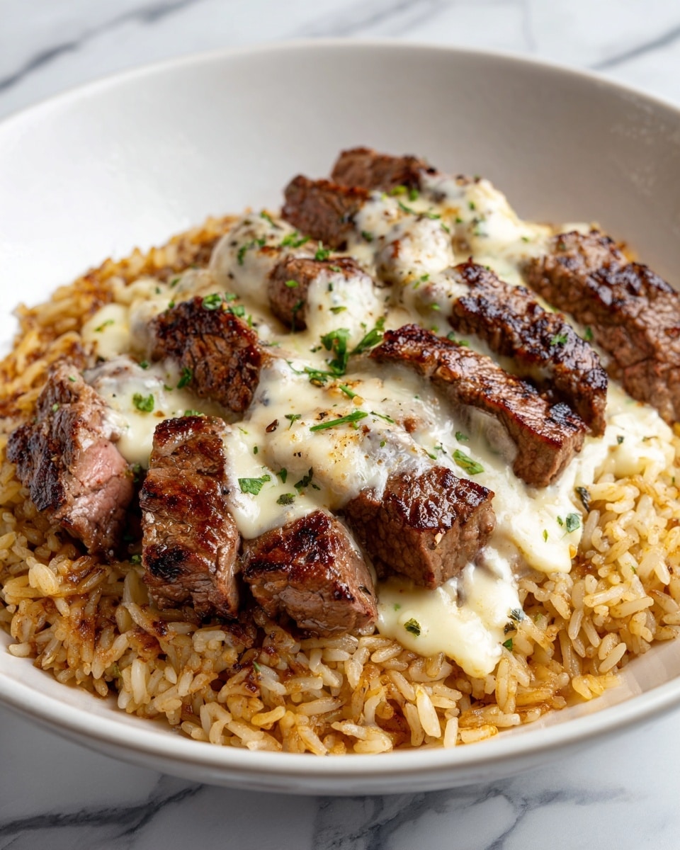 The image shows a close-up view of a dish layered in a white plate, placed on a white marbled surface. The bottom layer is a golden-brown, crispy base, likely rice or a flatbread. On top of this base, there are many slices of cooked beef strips, dark brown with a slightly charred texture. The beef is covered unevenly with melted white cheese lifting in gooey strands. Sprinkled over the cheese and beef are small pieces of green herbs, adding fresh color and life to the dish. The overall composition looks rich, textured, and inviting. Photo taken with an iphone --ar 4:5 --v 7