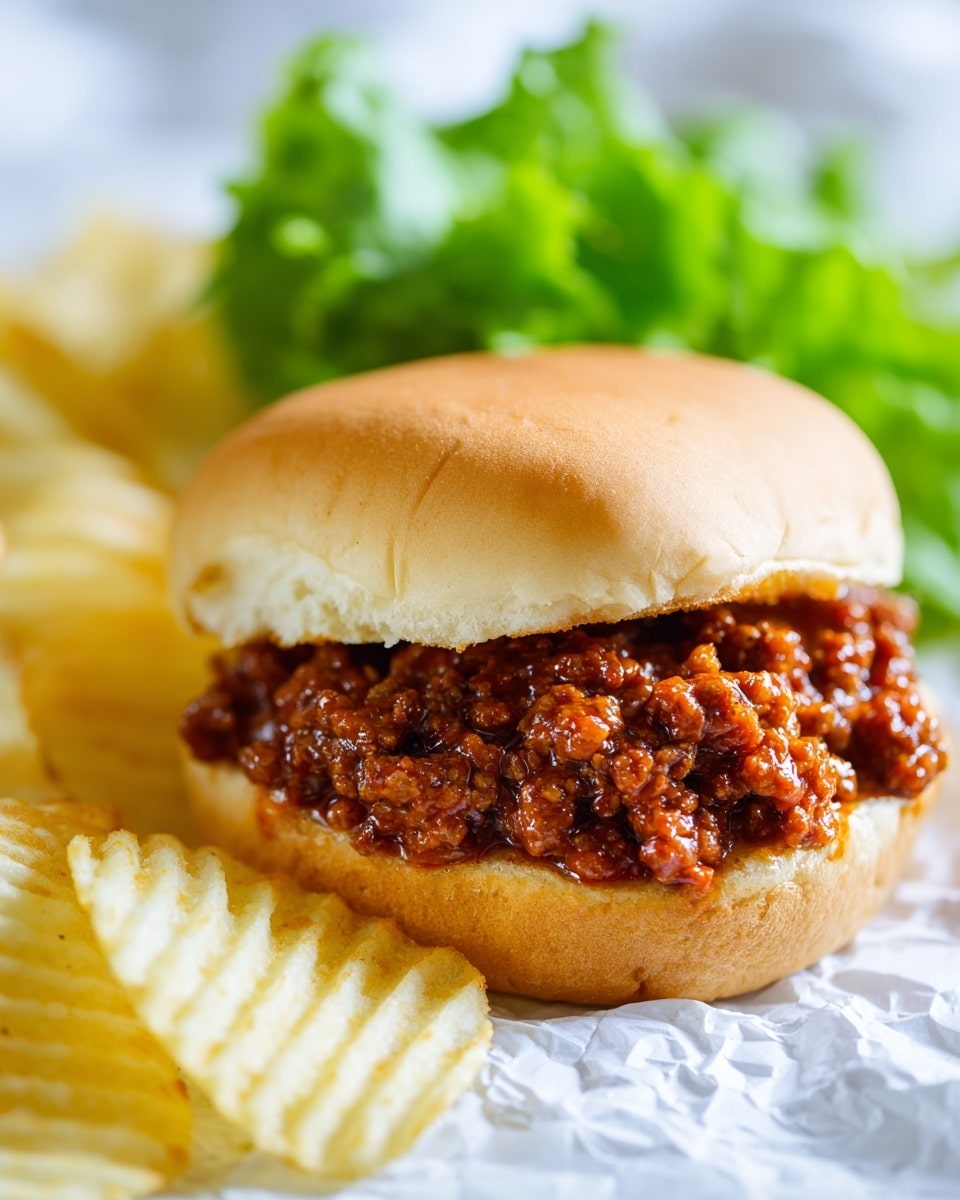 A close-up of a sloppy joe sandwich shows a soft, golden-brown bun on top with a thick layer of rich, chunky reddish-brown meat sauce filling spilling over the bottom bun. Next to the sandwich, there are several light yellow ridged potato chips, and behind the sandwich, fresh bright green leafy lettuce is slightly out of focus. The food rests on white paper, all placed against a white marbled surface. photo taken with an iphone --ar 4:5 --v 7
