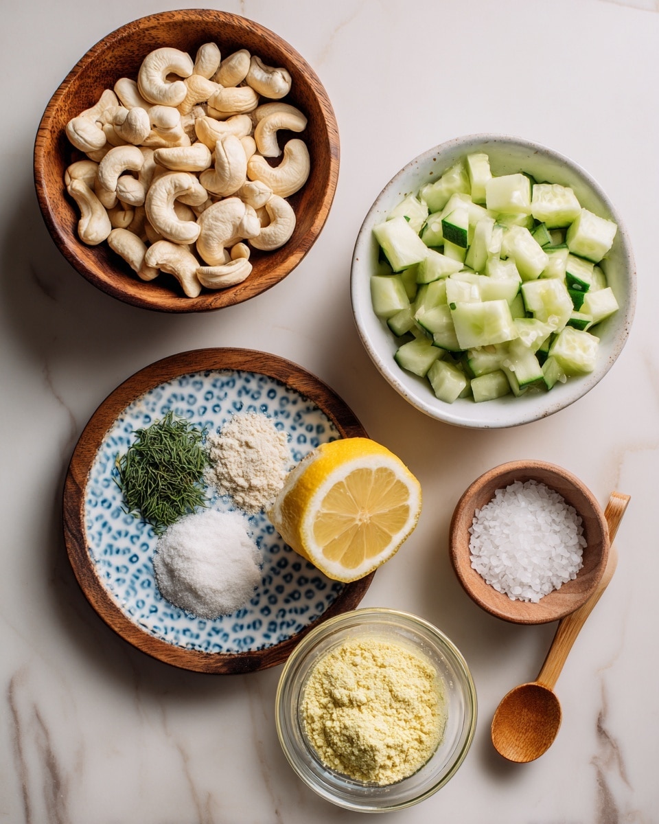 The image shows five small bowls with different ingredients arranged neatly on a white marbled surface. At the top, there is a round wooden bowl filled with whole cashew nuts, creamy off-white in color and curved in shape. Below it to the right is a white bowl containing chopped cucumber pieces, light green with a fresh and slightly shiny texture. To the left of the cucumber bowl is a small round wooden plate holding three small piles of dry ingredients: finely chopped green dill, white powdery baking soda, and another white powdery ingredient, all neatly separated. Below that is a white plate with a blue dotted pattern around the edge, holding a halved lemon, bright yellow with a juicy look. At the bottom center is a clear glass bowl filled with a yellow powdery substance, likely nutritional yeast. To the right side of the cucumber bowl is a small wooden bowl with white salt crystals and a wooden spoon resting inside. The overall setting is clean and bright with a natural feel. photo taken with an iphone --ar 4:5 --v 7