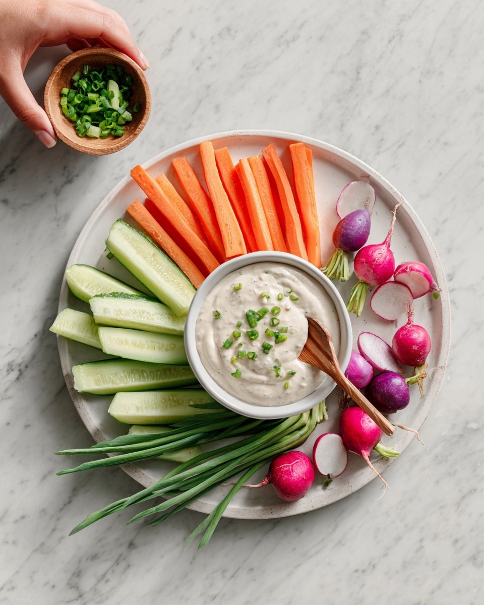 A white plate is arranged with three groups of fresh vegetables: bright orange carrot sticks, green cucumber sticks, and a cluster of pink and purple radishes with green tops. In the middle-back of the plate, there is a small white bowl filled with creamy light green dip, topped with small pieces of chopped green herbs. A spoon with a brown handle rests inside the bowl. The plate is placed on a white marbled surface, with a blue cloth partially visible at the bottom left corner. photo taken with an iphone --ar 4:5 --v 7