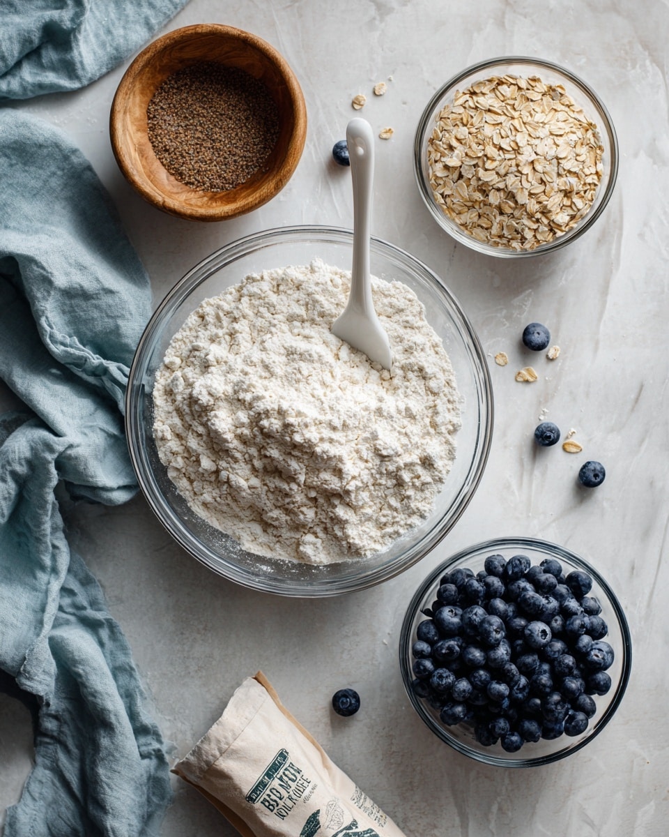 A clear glass bowl filled with white all-purpose flour with a white spatula resting inside, placed near a white bag of Bob's Red Mill flour. Below it is a small clear glass bowl of light brown rolled oats, and next to that is a larger clear glass bowl full of dark blue blueberries, with some scattered on a white marbled surface around it. To the left, there is a small wooden bowl filled with a dark brown grainy substance, and a soft light blue cloth draped loosely near the edges. Photo taken with an iphone --ar 4:5 --v 7