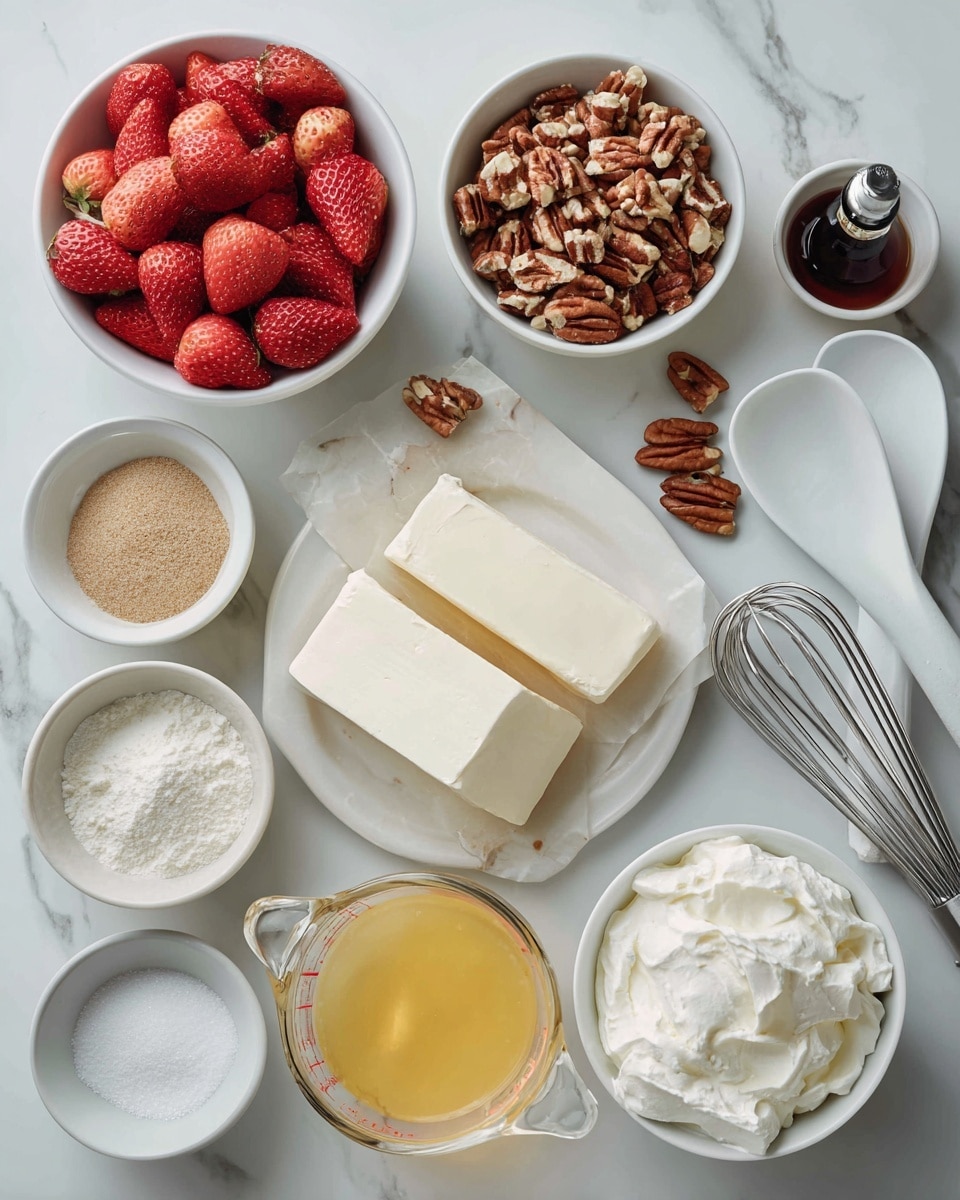 The image shows a white marbled surface with several small white bowls and plates arranged on it, each holding different baking ingredients. One bowl is filled with halved red strawberries, another with chopped nuts that are a light brown color, and a smaller bowl contains pecans. There is a white plate holding two blocks of cream cheese, and near it a small bowl with a light brown powder, likely cinnamon or brown sugar. A glass measuring cup with melted yellow butter is present, along with a small dark bottle of vanilla extract, a bowl of white granulated sugar, and a bowl with fluffy white whipped cream. White spatulas and a whisk are placed around the ingredients, giving a neat and organized look. Photo taken with an iphone --ar 4:5 --v 7