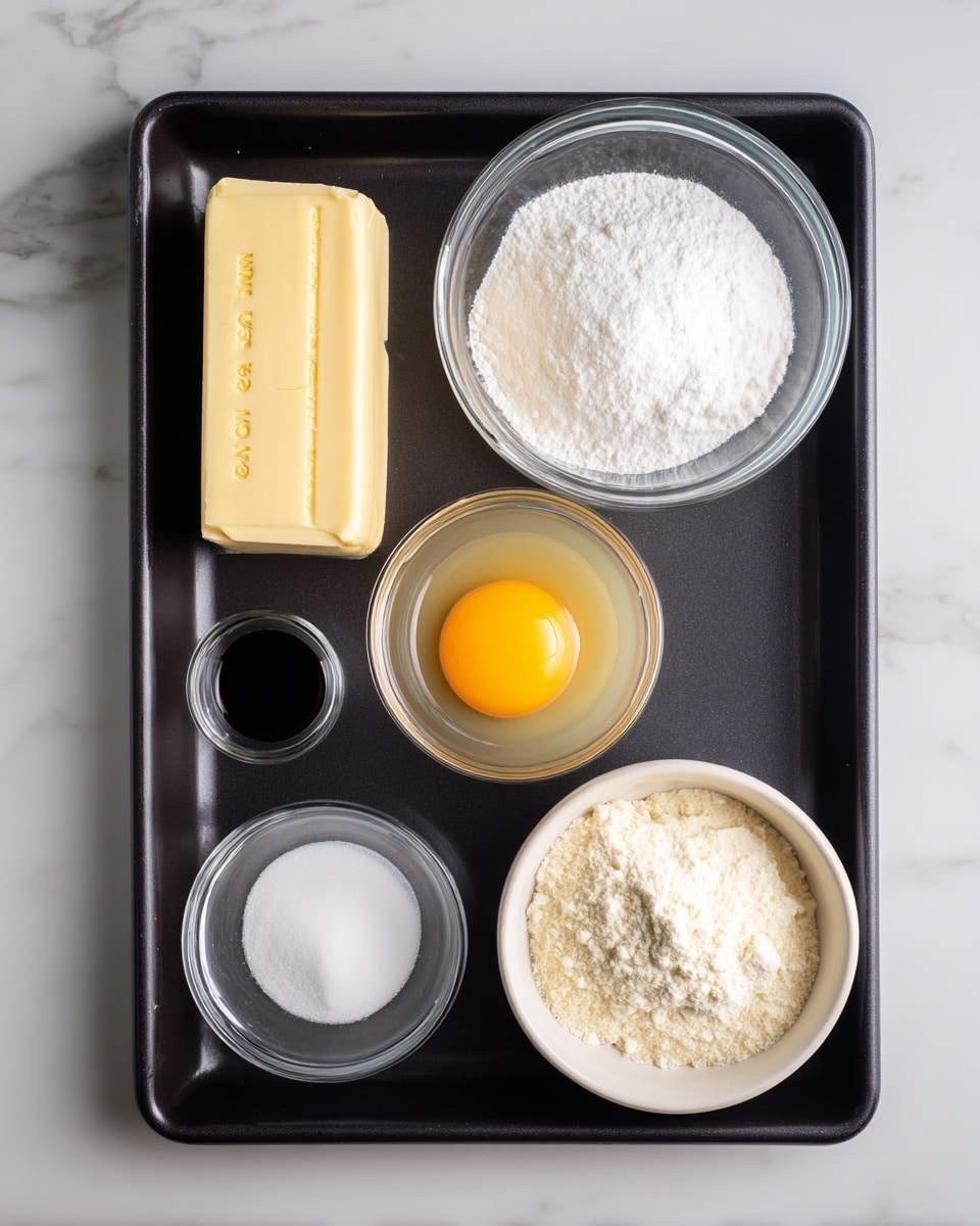 A black baking tray holds six separate ingredients on a white marbled surface. In the top left corner, there is a pale yellow butter stick with measurement marks. Next to it on the right is a clear glass bowl filled with white sugar. Below the butter, a clear glass bowl contains a whole raw egg with a bright yellow yolk. To the right of the egg, there is a small dark liquid in a tiny clear bowl, labeled vanilla. Below the vanilla, a small clear bowl holds white baking powder. On the bottom right of the tray, a white bowl is full of a pale beige mix of almond, coconut, and tapioca flour, topped with some white powder. Photo taken with an iphone --ar 4:5 --v 7
