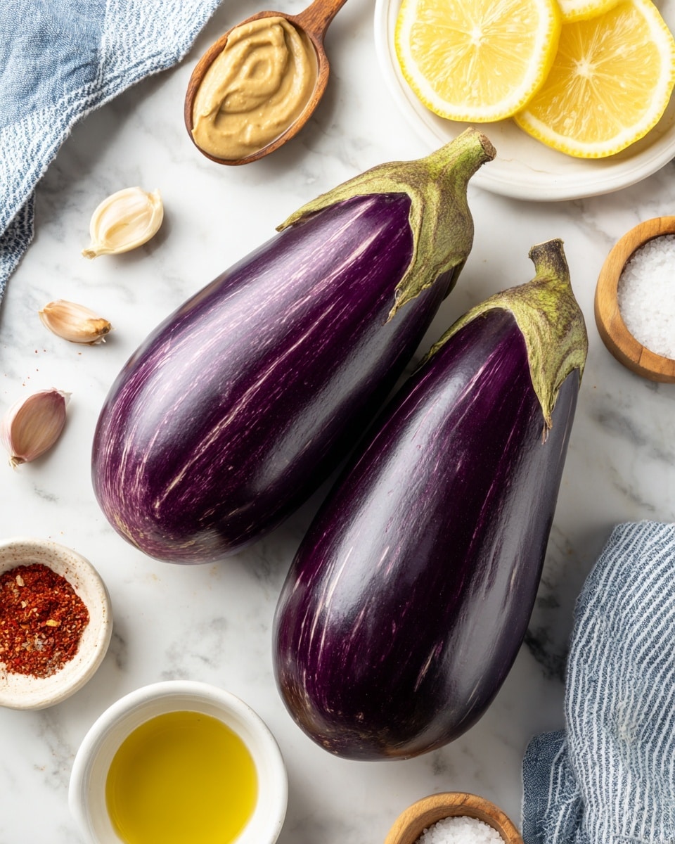 The image shows two whole eggplants, one purple and one dark purple, positioned diagonally on a white marbled surface. Surrounding them are small dishes and ingredients: a spoon holding smooth beige tahini near the top left, two garlic cloves next to the spoon, a white plate with yellow lemon halves near the bottom left, a small white bowl with red spice near the center-right, a small white bowl with golden yellow olive oil near the bottom center, and a wooden spoon with white salt near the bottom right. A blue and white striped cloth is partially visible at the bottom left. Photo taken with an iphone --ar 4:5 --v 7