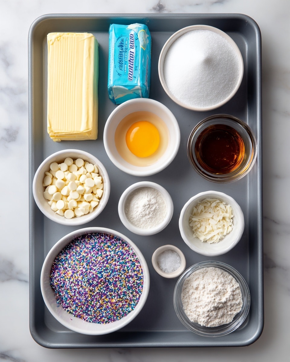 The image shows a gray baking tray on a white marbled surface holding small white bowls and a stick of butter, each labeled with ingredients. Starting at the top left is a rectangular stick of butter with a blue wrapper, next to it is a round white bowl filled with fine white sugar, and to the top right is a small clear glass bowl with brown vanilla extract. Below the butter is a white bowl holding a single egg yolk in clear egg white. To the right is a larger white bowl filled with white gluten-free flour. Below the egg is a small glass bowl with white cornstarch. Next to it is a clear glass bowl full of white chocolate chips, and beside that is a small white bowl with a mix of baking powder and salt, both powders white. At the bottom left is a clear glass bowl filled with colorful purple, blue, and white sprinkles. All items are neatly arranged on the tray, the scene bright and clean. Photo taken with an iphone --ar 4:5 --v 7
