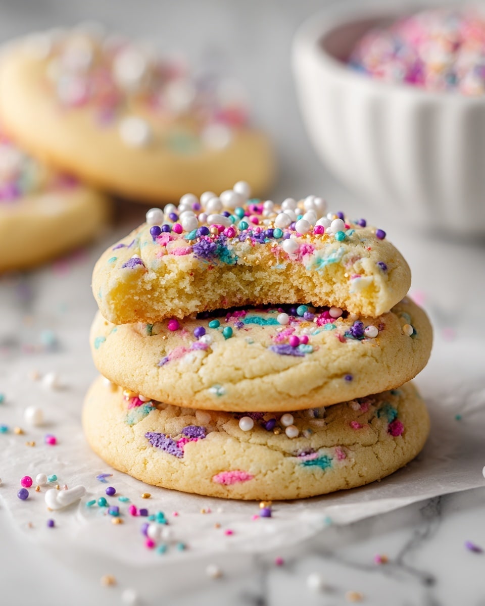 A close-up of a stack of two soft cookies on a white marbled surface, topped with colorful sprinkles in purple, pink, blue, and white scattered over the light golden-brown cookie dough; the top cookie has a bite taken out, showing a soft inside with more sprinkles inside the dough. In the softly blurred background, a white bowl filled with more sprinkles is visible, placed slightly above and behind the cookies. Photo taken with an iphone --ar 4:5 --v 7