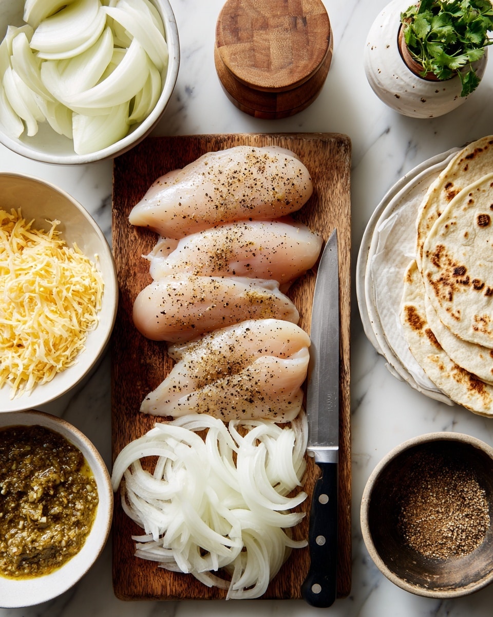 The image shows a wooden board placed on a white marbled surface. On the left side of the board, there are three raw chicken fillets seasoned with black pepper. To the right of the chicken, there is a pile of sliced white onions, and next to them is a knife with a black handle resting on the board. Surrounding the board are several white bowls and plates: in the bottom left corner, a white bowl filled with shredded yellow and white cheese; above it, a white bowl with sliced onions; next to it, a white bowl with a green herb sauce; a small black bowl containing a brown spice; and in the top right corner, a white plate holding four folded tortillas with light brown spots. A small plant in a white pot and a sugar jar with a wooden lid are in the background. Photo taken with an iphone --ar 4:5 --v 7