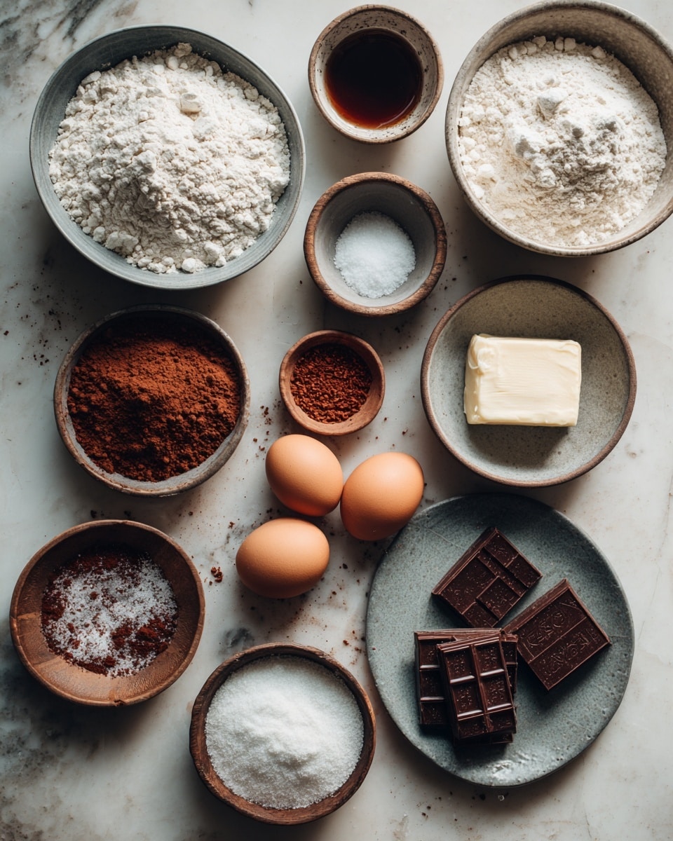 The image shows a flat lay of various baking ingredients arranged on a white marbled surface. Starting from the top left, there is a gray bowl filled with flour, next to it a small brown bowl holding a dark liquid, and a smaller white bowl with a pinch of salt. To the right, a larger brown bowl is filled with more flour. Below that is a smaller brown bowl with cocoa powder and white powder mixed inside. Next to it, four brown eggs are placed near a large bowl filled with white sugar or salt crystals. A gray plate in the center holds a square piece of butter. A small wooden bowl near the bottom right holds several squares of dark chocolate, and nearby there are smaller brown bowls with reddish powder and some dark seeds or spice. The lighting is soft and natural, highlighting the textures and colors of the ingredients, all placed neatly to create a warm, inviting scene photo taken with an iphone --ar 4:5 --v 7