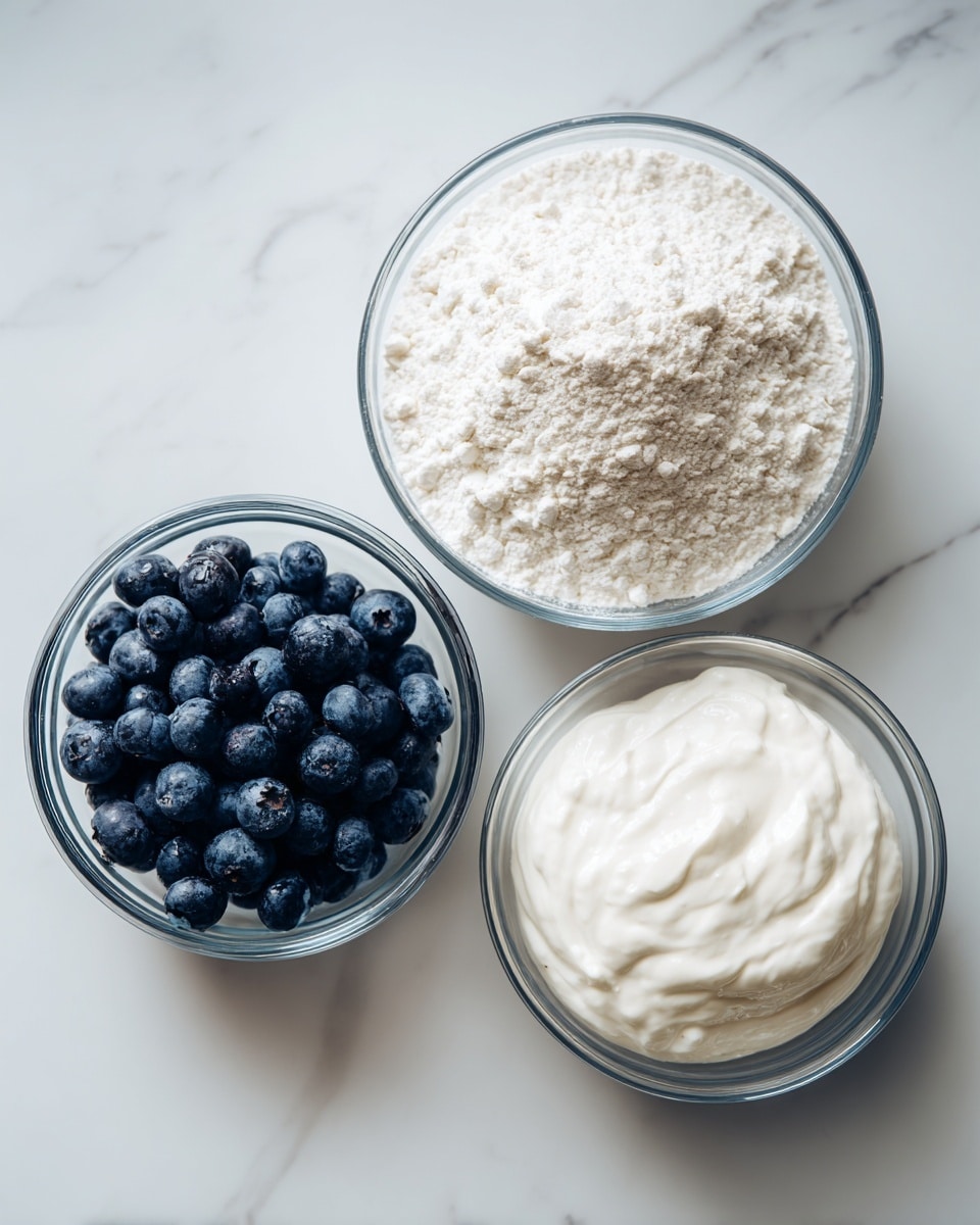 The image shows three clear glass bowls placed on a white marbled surface. The largest bowl, filled with fine white flour, is at the top right. A smaller bowl on the left contains thick white yogurt, with a smooth texture on top. The smallest bowl at the bottom holds dark blue, fresh blueberries, with a shiny surface. The bowls are arranged close but not touching, creating a neat and simple composition. photo taken with an iphone --ar 4:5 --v 7
