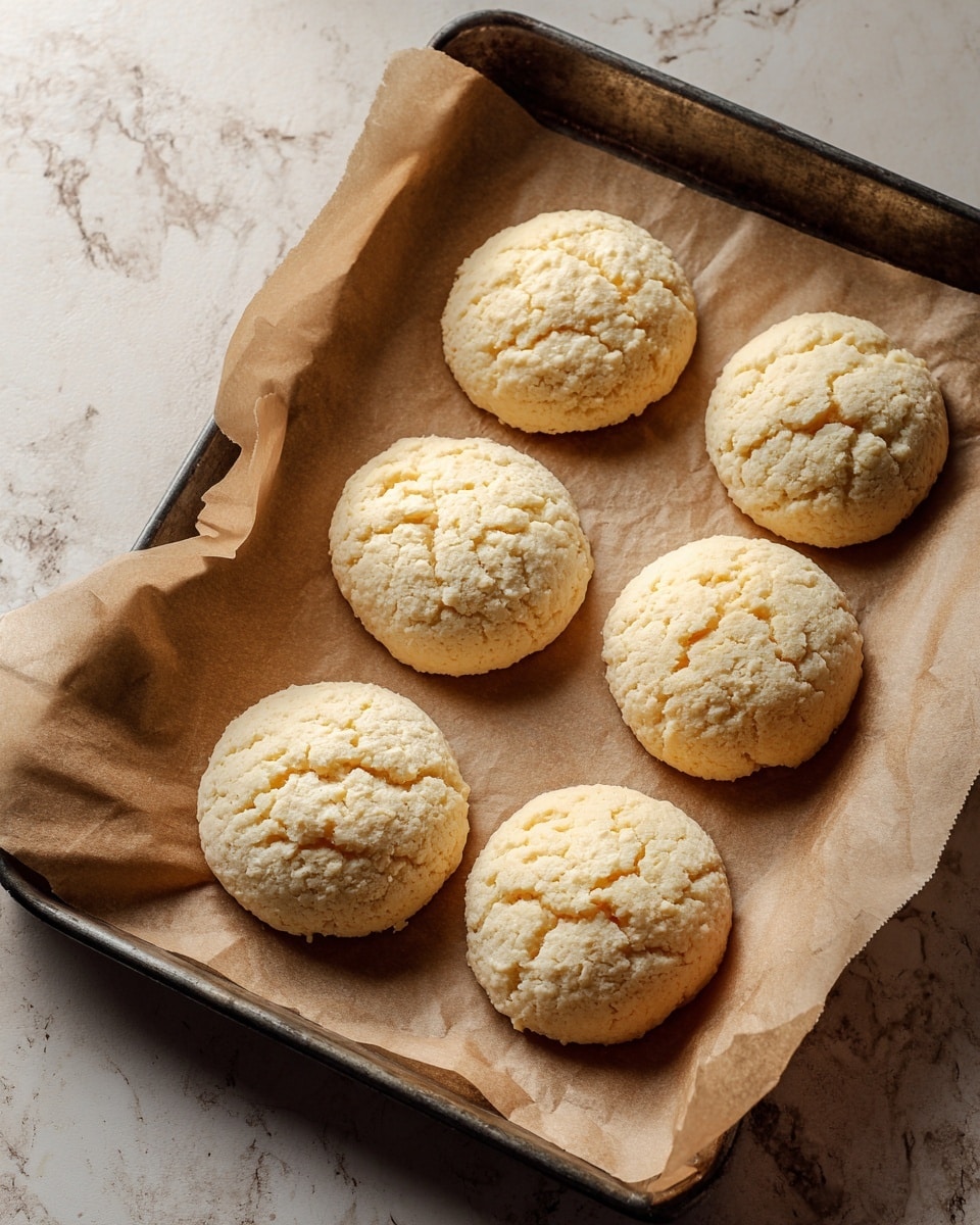 The image shows six round biscuits baked to light golden brown color. They sit on a sheet of slightly wrinkled brown baking paper, arranged in two rows of three on a metal baking tray. The biscuits have a soft, fluffy texture with small cracks on the surface. The tray rests on a white marbled surface. photo taken with an iphone --ar 4:5 --v 7
