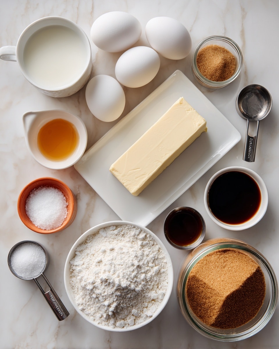 The image shows baking ingredients arranged neatly on a white marbled surface. There are three white eggs placed near a square white plate with a rectangular block of butter on it. A small white bowl with milk sits to the left, while an orange-rimmed bowl holding some salt is next to it. A white bowl filled with white flour is placed at the bottom, and above it, two small metal measuring cups hold honey and dark brown vanilla extract. A jar of brown sugar stands on the right side, all spaced evenly. Photo taken with an iphone --ar 4:5 --v 7