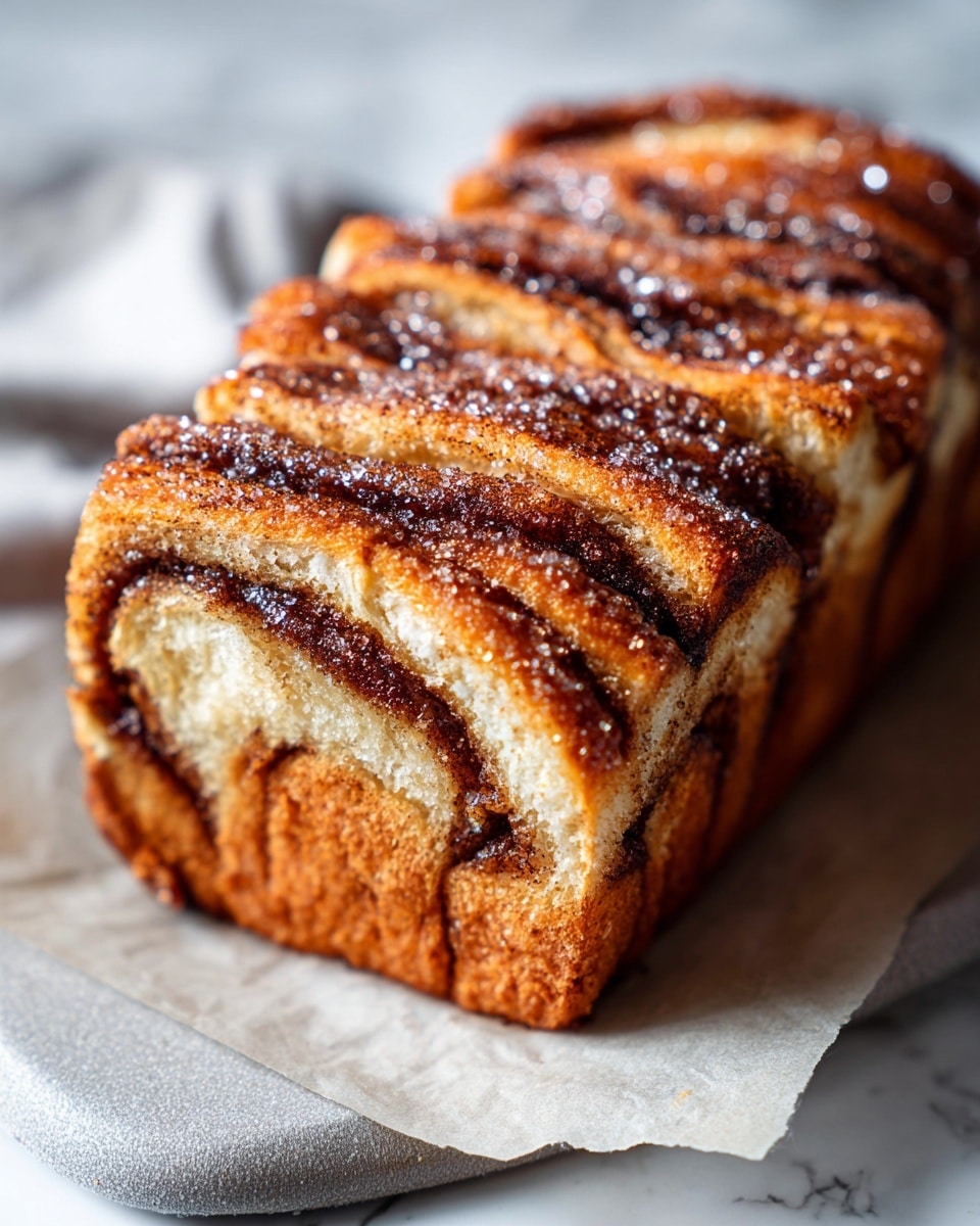 A loaf of braided bread sits inside a metal baking pan on a white marbled surface. The bread has multiple thick layers twisted together, showing a golden brown color with dark brown cinnamon swirls between the layers. The top is sprinkled with white sugar, adding a sparkling effect, and the bread looks soft and fluffy with a slight crisp on the top edges. Photo taken with an iphone --ar 4:5 --v 7