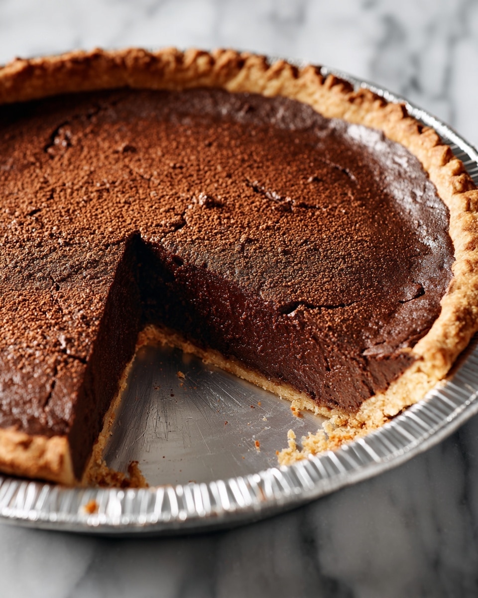The image shows a chocolate pie with a thick dark brown chocolate filling that looks rich and moist, topped with a lighter brown, slightly cracked crust sprinkled lightly with powdered sugar. The pie is in a silver foil pan with a firm, golden-brown crust around the edges. One large slice is removed and placed in front of the pie, showing the dense filling in contrast to the crispy top layer. The pie and slice are placed on a white marbled surface. photo taken with an iphone --ar 4:5 --v 7