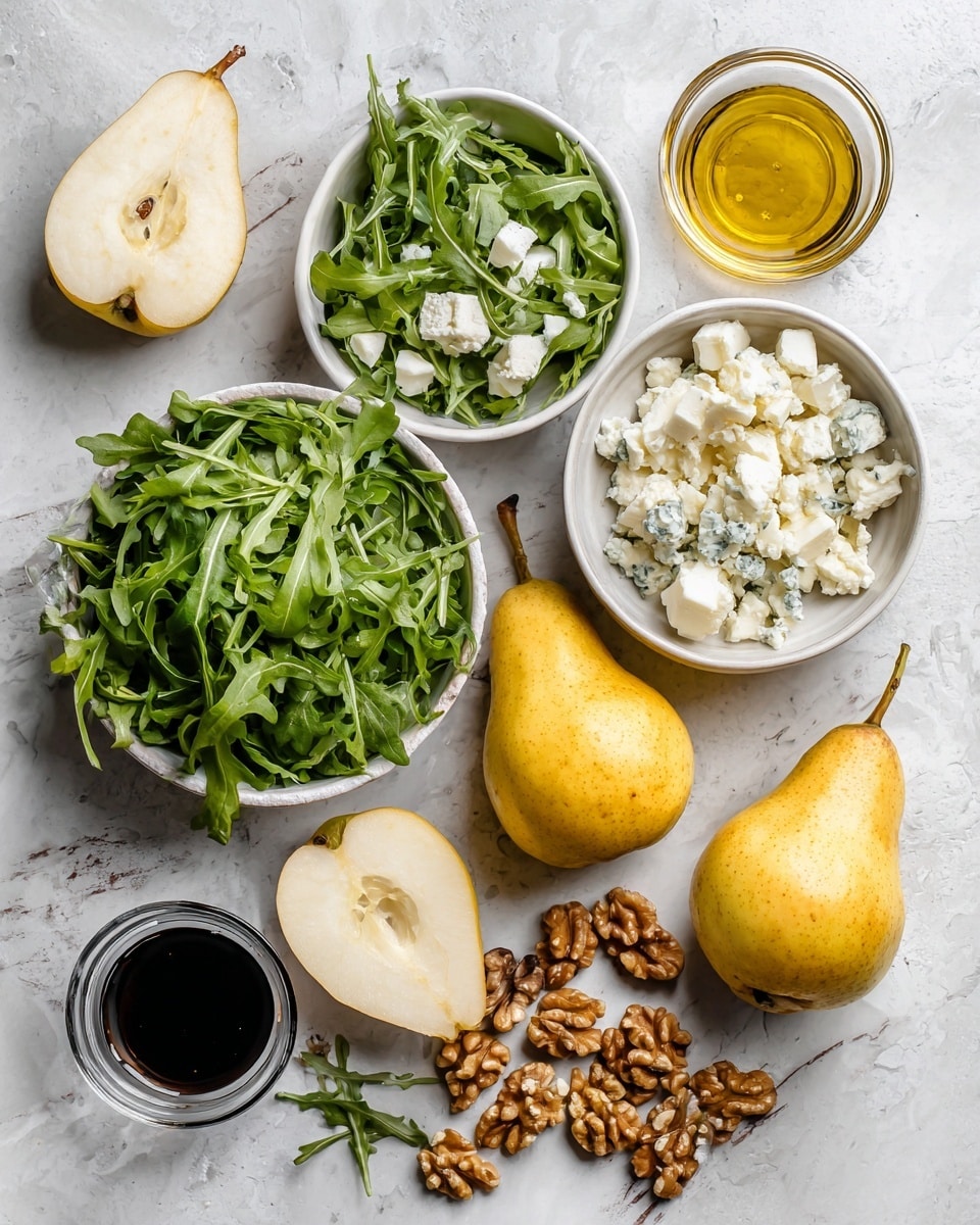 The image shows a white marbled surface with several small white bowls and whole yellow pears placed on it. One bowl is filled with fresh arugula leaves, another has a salad of arugula mixed with small white cheese cubes. A third bowl contains blue cheese crumbles, and a fourth holds a pile of walnuts. Two whole pears are positioned next to the bowls, with one pear cut into halves revealing its light yellow inside. Two small glass bowls with dark balsamic vinegar and golden olive oil are also on the surface. The overall scene is clean, bright, and fresh. Photo taken with an iphone --ar 4:5 --v 7