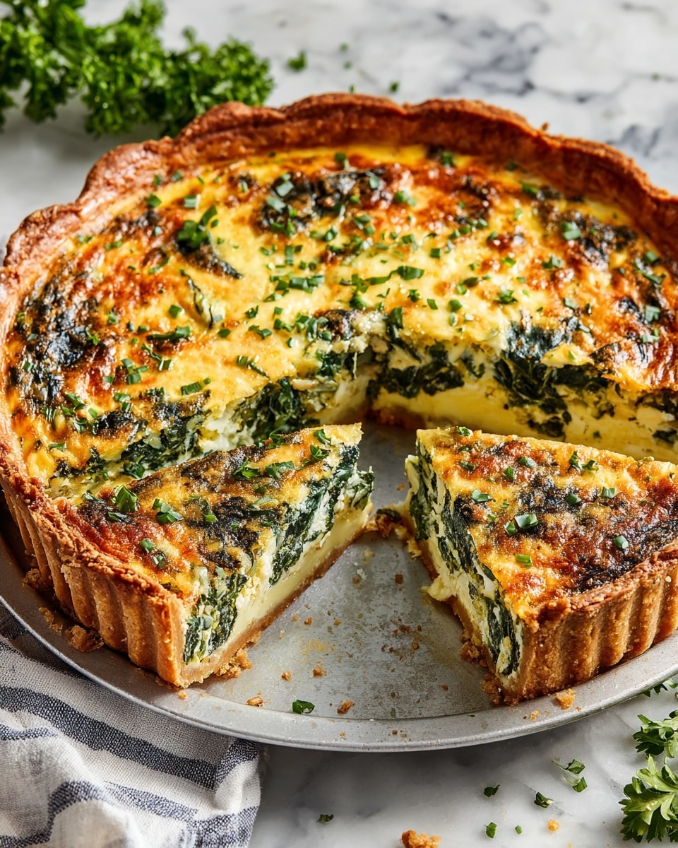 A single slice of quiche sits on a round white plate with a slightly speckled, rustic texture and a thin brown rim. The quiche has a golden brown crust that is thick and flaky, with a slightly wavy edge. Inside the crust, the filling is creamy yellow with a lightly browned surface, studded with green vegetable pieces like spinach and asparagus, giving it a fresh and textured look. Some herbs are visible, adding flecks of darker green throughout the filling. The plate rests on a white marbled surface, with a knife positioned partially visible and crumbs scattered around the slice. A blurred glass with a textured pattern is in the background. Photo taken with an iphone --ar 4:5 --v 7