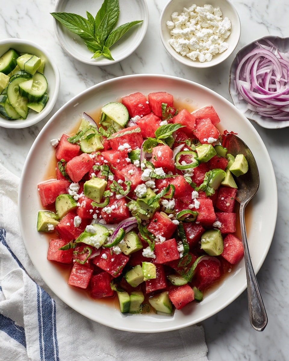 A white plate holds a fresh salad with three clear layers: the bottom layer is a mix of bright red watermelon cubes, the middle layer shows light green avocado pieces, and the top layer is sprinkled with small white crumbled cheese and a few whole green basil and mint leaves. A silver spoon rests on the right side of the plate. Around the plate are small white bowls with thin purple onion slices, green cucumber pieces, and more white crumbled cheese. The scene is set on a white marbled surface with a blue and white cloth partially visible. photo taken with an iphone --ar 4:5 --v 7