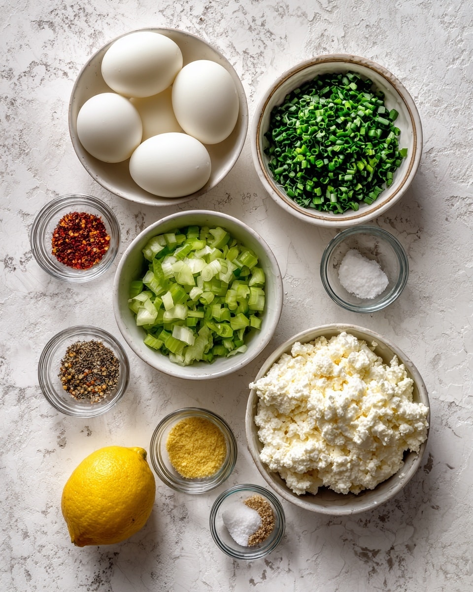 The image shows a collection of small white bowls arranged on a white marbled surface. One bowl at the top contains five peeled hard-boiled eggs, smooth and white. To the right, another bowl is filled with creamy, white cottage cheese with a slightly lumpy texture. Below the eggs, a bowl is filled with fresh chopped green chives, finely cut. Another bowl holds chopped celery, light green and crisp. A whole yellow lemon sits on the left side, next to small glass bowls at the bottom containing various spices and mustard, with colors including yellow, red, white, and black. The whole setup is arranged neatly on the textured white marble --ar 4:5 --v 7
