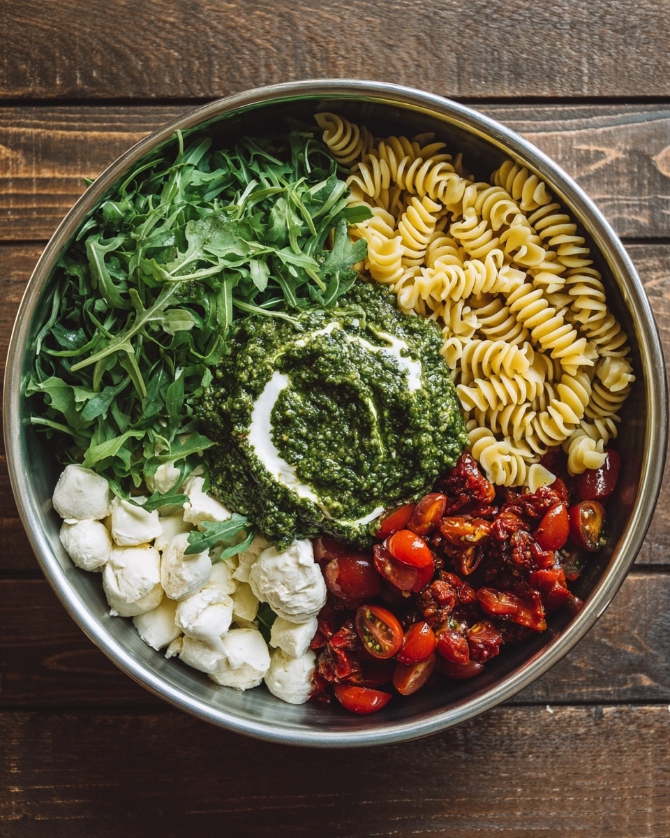 A large metal bowl holds a colorful mix of food ingredients arranged in sections: bright green arugula leaves fill the upper left side, next to a pile of pale yellow spiral pasta on the upper right. Below the pasta, there are small round chunks of white mozzarella cheese, and beside them, vibrant red cherry tomatoes, some cut in half. In the center of the bowl, a generous dollop of dark green pesto sauce with a smaller smear of creamy white dressing rests on top of the tomatoes. The food has a fresh and inviting look. Photo taken with an iphone --ar 4:5 --v 7