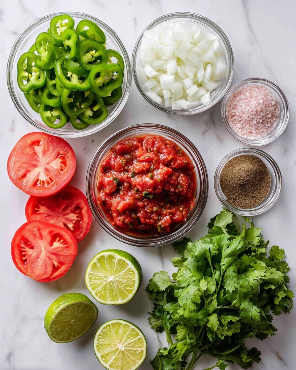 The image shows fresh ingredients arranged neatly on a white marbled surface. Starting from the left, there are sliced green peppers in a clear bowl, next to several red tomato halves spread around. Above the tomatoes, there is a clear bowl filled with chopped white onions. To the right of the onions, two lime halves show their light green inside. Below the limes, a small clear bowl contains pink salt grains. Next to it on the right, another bowl holds three ground spices in brown tones. Below the spices, fresh green cilantro leaves form a large, leafy bunch. In the center, there is a clear bowl filled with a chunky red salsa that has visible pieces of tomatoes and peppers mixed together. The arrangement is clean and colorful with natural textures and bright colors displayed clearly. Photo taken with an iphone --ar 4:5 --v 7